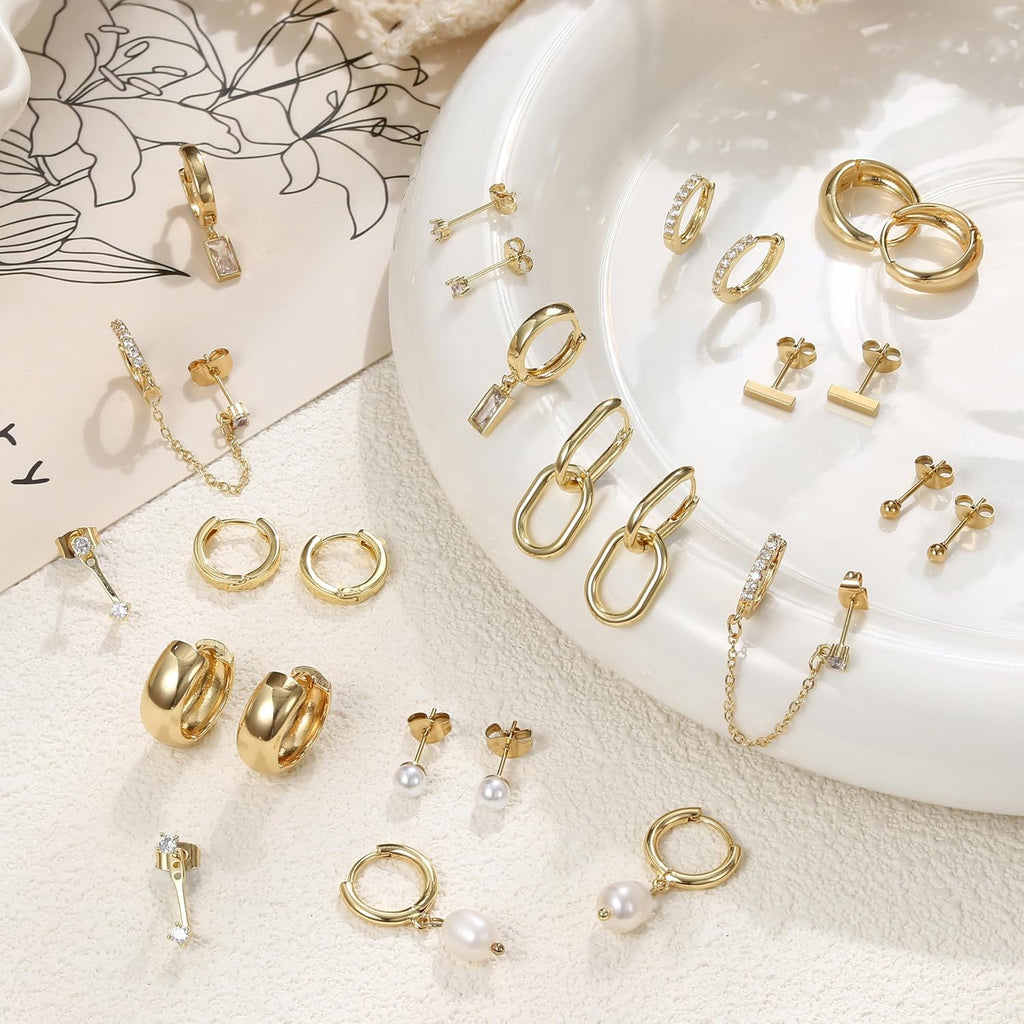 BESTEEL 13 Pairs Small Stud Hoop Earrings Set for Women, Gold Earrings Pack | Hypoallergenic Surgical Steel, 14K Gold Plated, Dainty Huggie Hoops Pearl Dangle Earrings, Lightweight Non Tarnish Jewelry