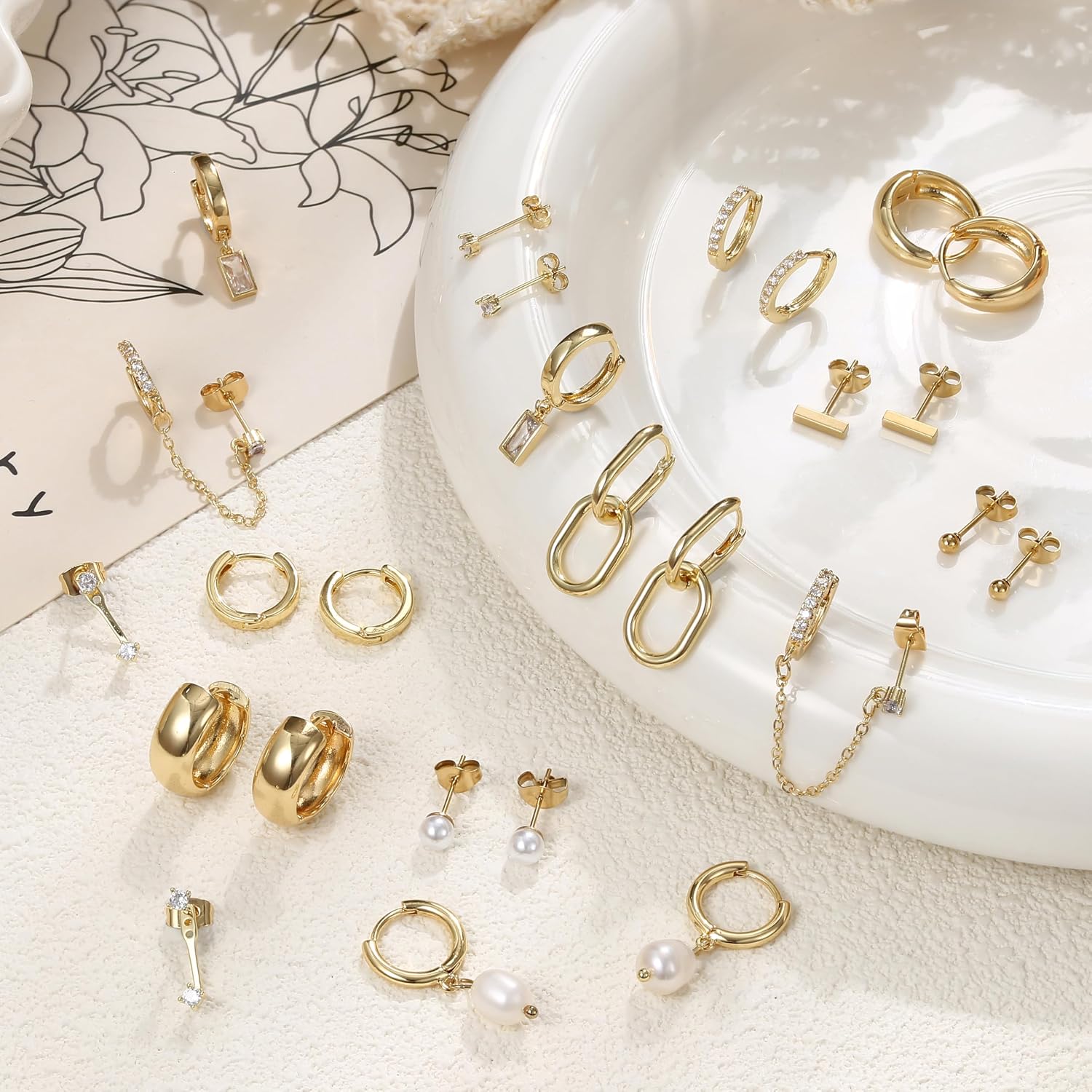 BESTEEL 13 Pairs Small Stud Hoop Earrings Set for Women, Gold Earrings Pack | Hypoallergenic Surgical Steel, 14K Gold Plated, Dainty Huggie Hoops Pearl Dangle Earrings, Lightweight Non Tarnish Jewelry