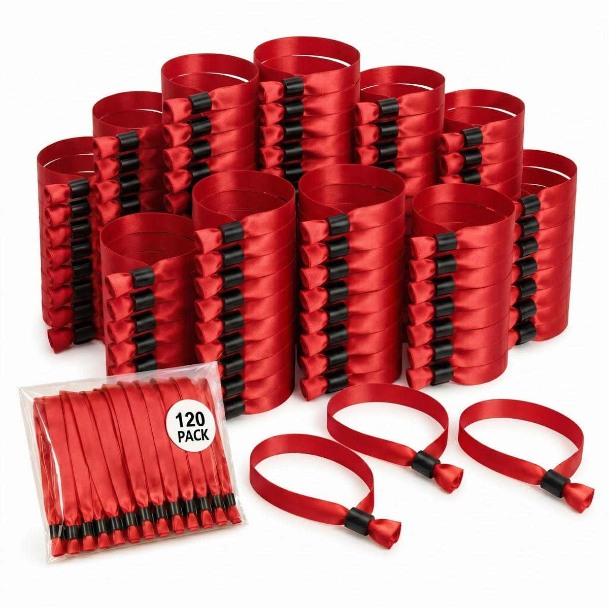120 Pack Fabric Event Wristbands with Secure One-Time Plastic Lock - 13.78 Inches Adjustable Cloth Security Bracelets for Music Festivals, Nightclubs, Schools, VIP Access, Parties (Red)