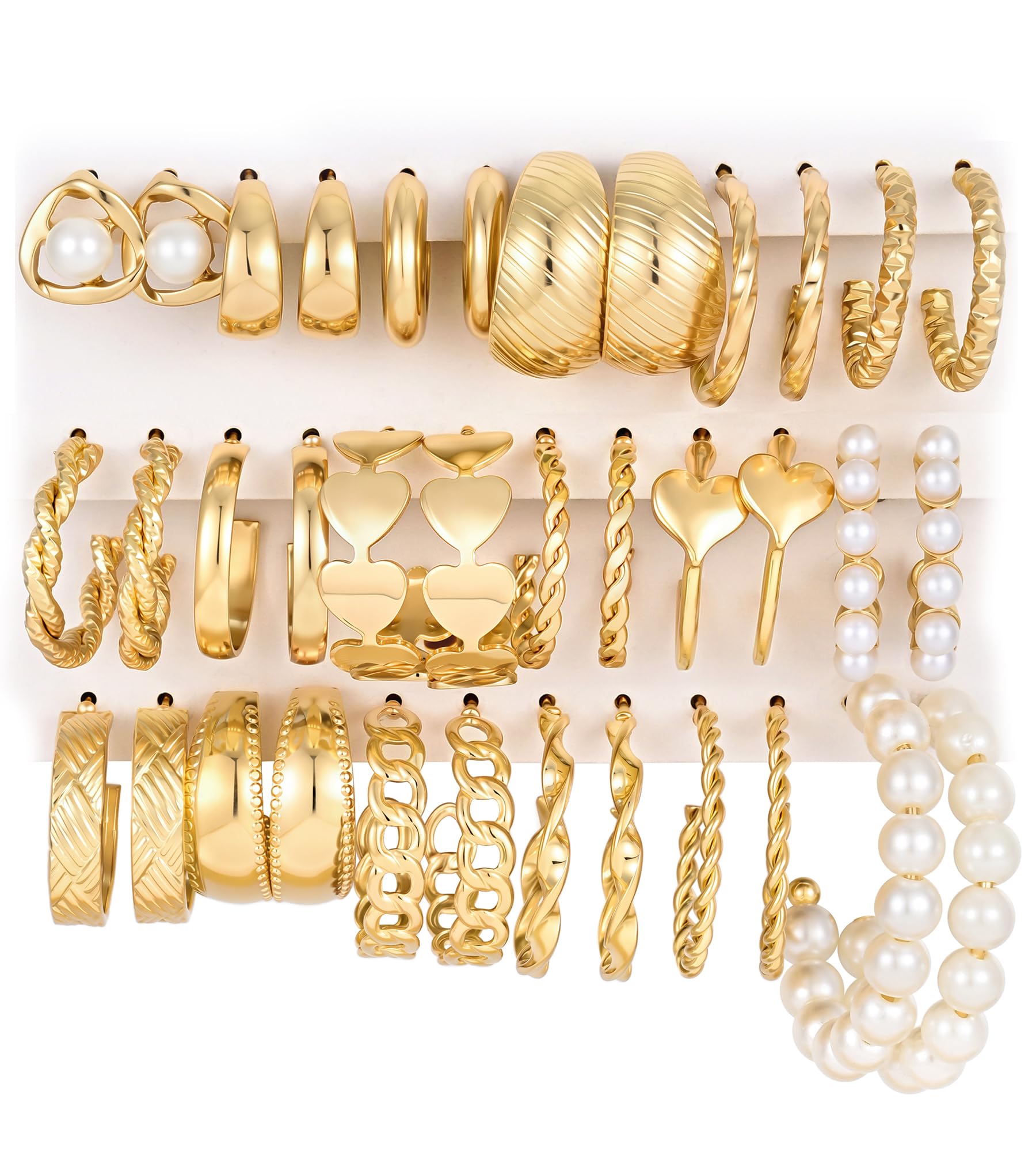 18 Pairs Gold Hoop Earrings for Women, Chunky Statement Hoops Set | Hypoallergenic, Earrings Pack, Open Hoops, Pearl, Twisted, Multiple Sizes, Lightweight for Daily Wear, Ideal Gift