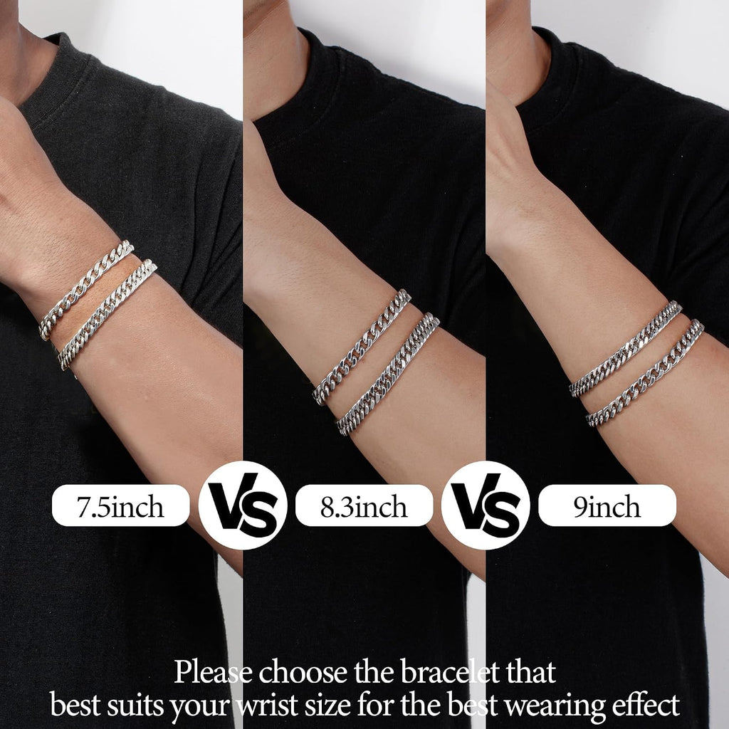 XIANNVXI 6pc Silver/Gold/Black Stainless Steel Bracelets for Men Gifts | 6.5/7/7.5/8.3/9 Inches Cuban Link Chain Bracelets Set Mens Fashion Accessories Jewelry Set