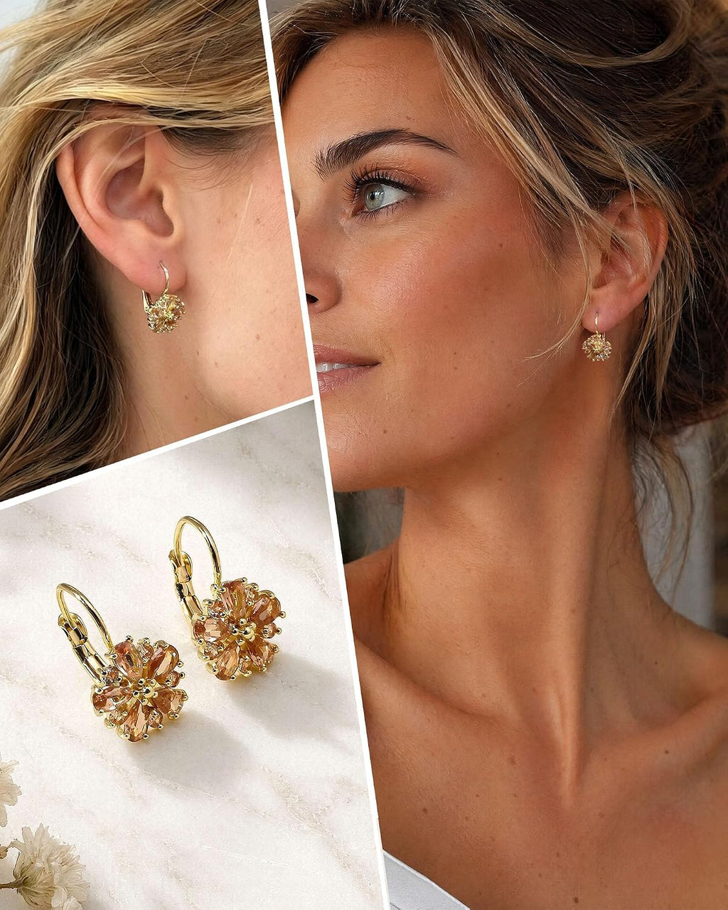 Vintage 14K Gold Plated Flower Birthstone Earrings | Hypoallergenic Leverback Floral Earrings, Trendy Jewelry Gifts for Women
