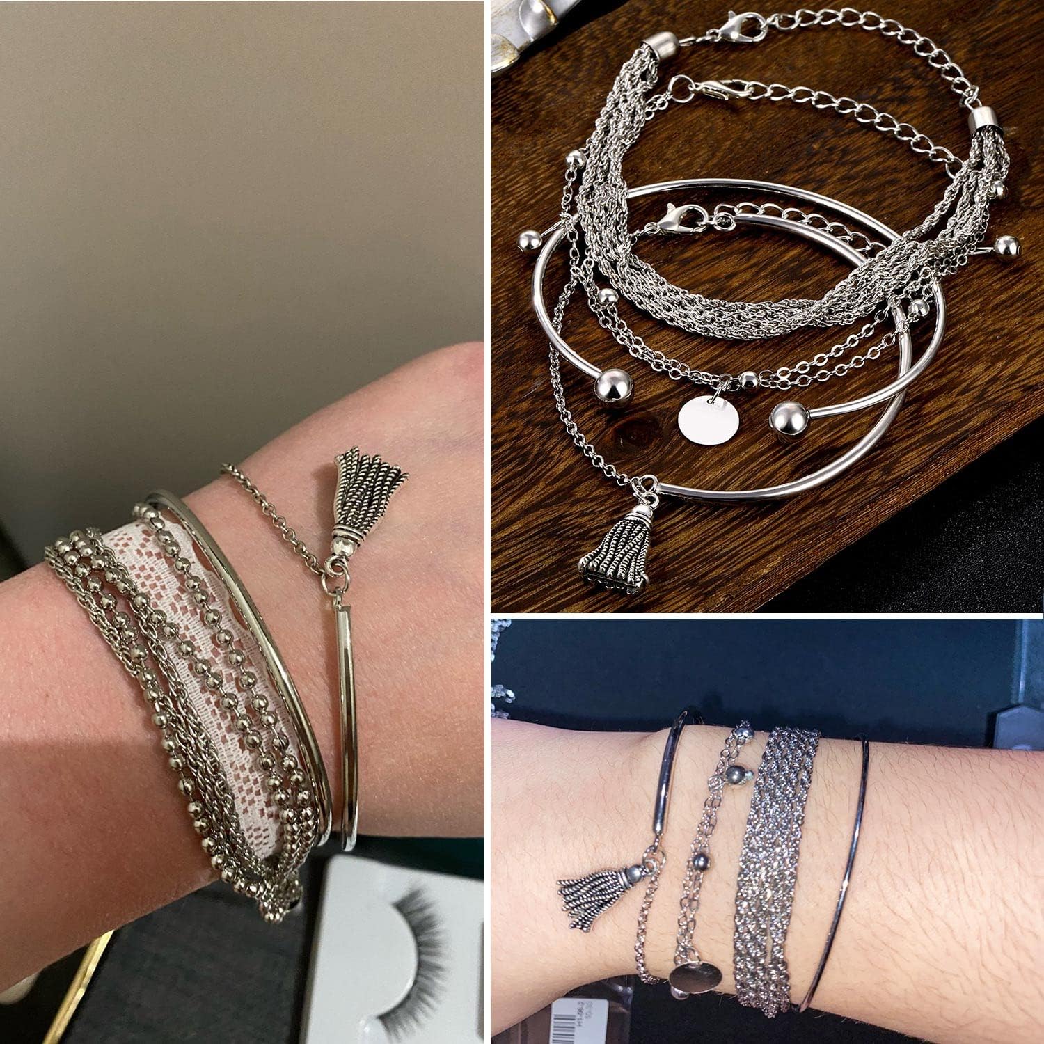 17IF 18-25 PCS(6 Pack) Boho Gold Silver Stackable Bracelets Set for Women | Chunky Dainty Bangles Adjustable Chain Flat Cuff Cuban Punk Charm Bundle Jewelry