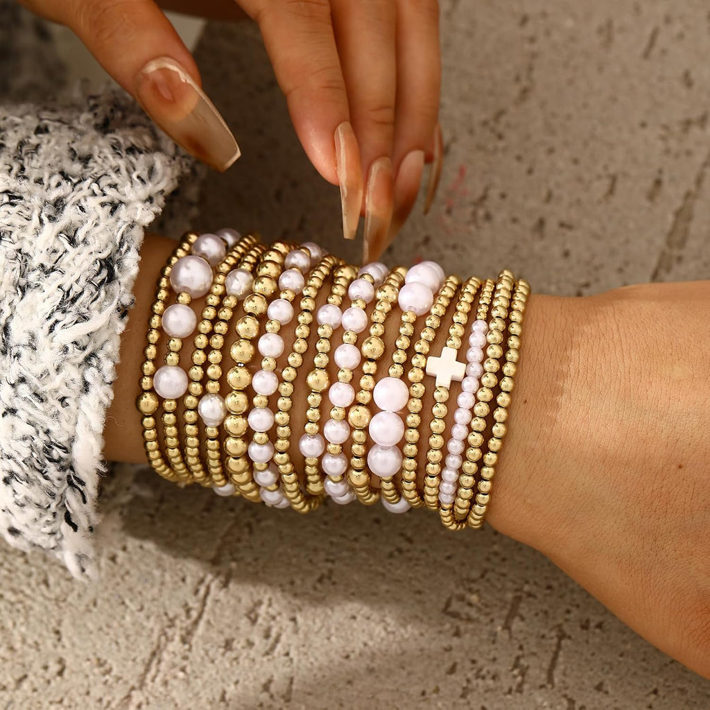 Gold Plated Bead & Pearl Bracelets for Women, 16PC Stackable Stretch Set | Elastic cord fits 6-7cm wrists; hypoallergenic, lead & nickel free; gift for Mom, Wife, Daughter, Birthday, Anniversary