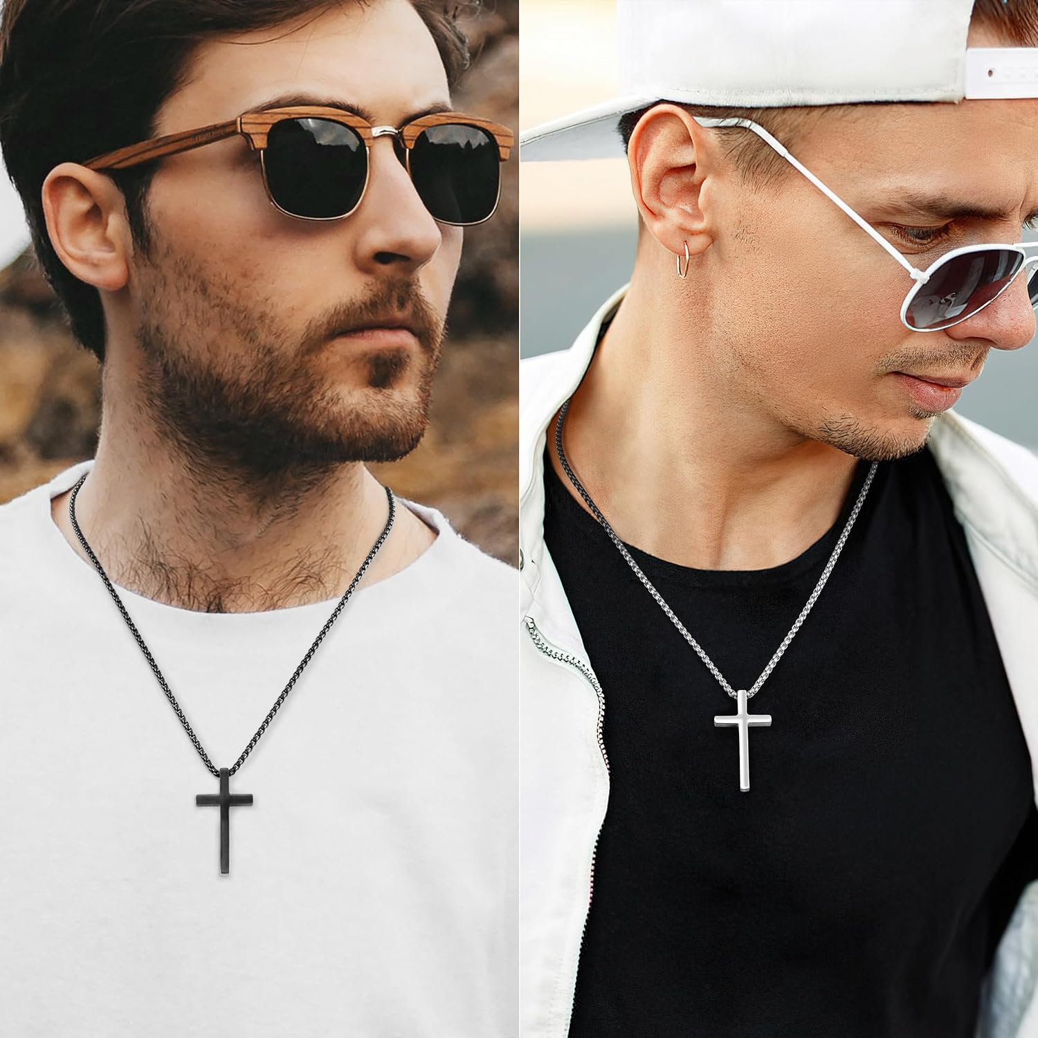 Romass 2 Pcs Cross Necklace for Men,Mens Necklace Stainless Steel Teen Boys Pendants Silver Black Gold Crosses Chain Jewelry Gifts Box 16-30 inches