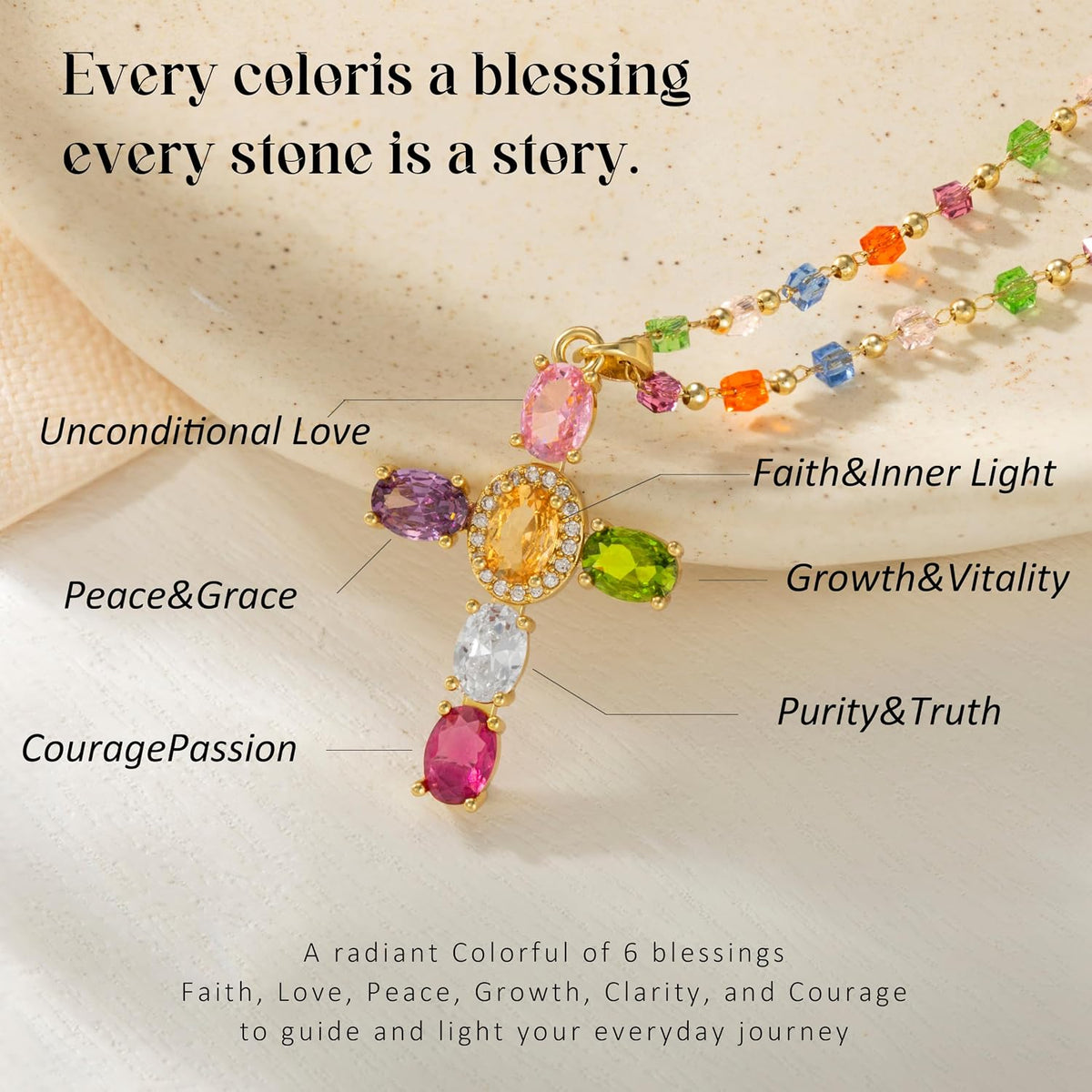 DEARMAY 14K Gold Plated Colorful CZ Cross Necklace for Women, Multi-Color Cubic Zirconia Beaded Station Chain Dainty Statement Pendant Jewelry Gifts