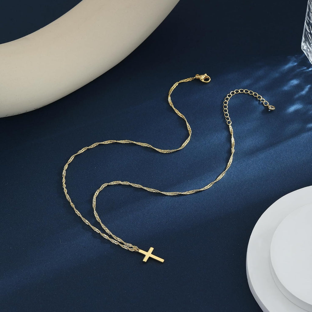 Cross Necklace for Women 14K Gold Plated Dainty Small Pendant Choker | Waterproof Simple Cross Charm, Non Tarnish Trendy Chain, Cute Basket Stuffers Baptism Religious Faith Jewelry Gift for Her