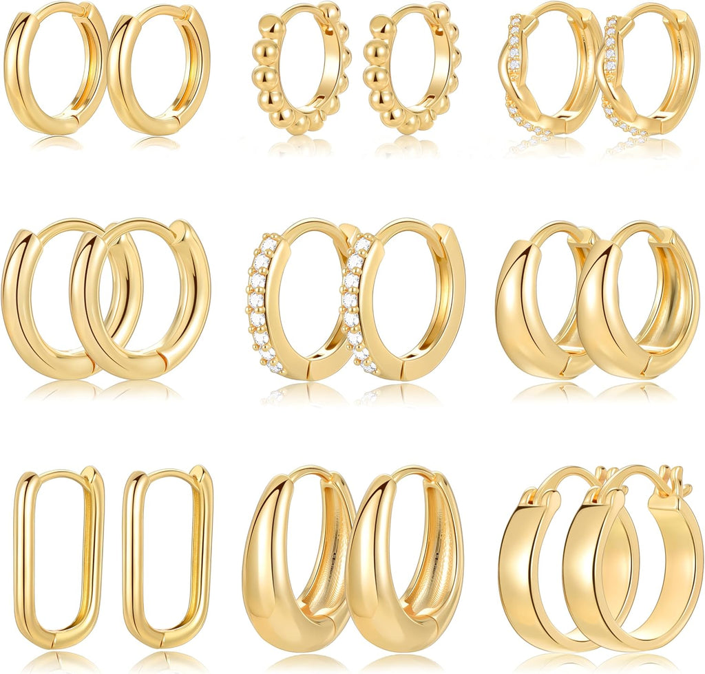 9 Pairs Small Gold/Silver Hoop Earrings Set for Women | 14K Gold Plated Chunky Hoop Small Earring Hypoallergenic Thick Open Lightweight Chunky Hoop Earrings Jewelry for Gifts