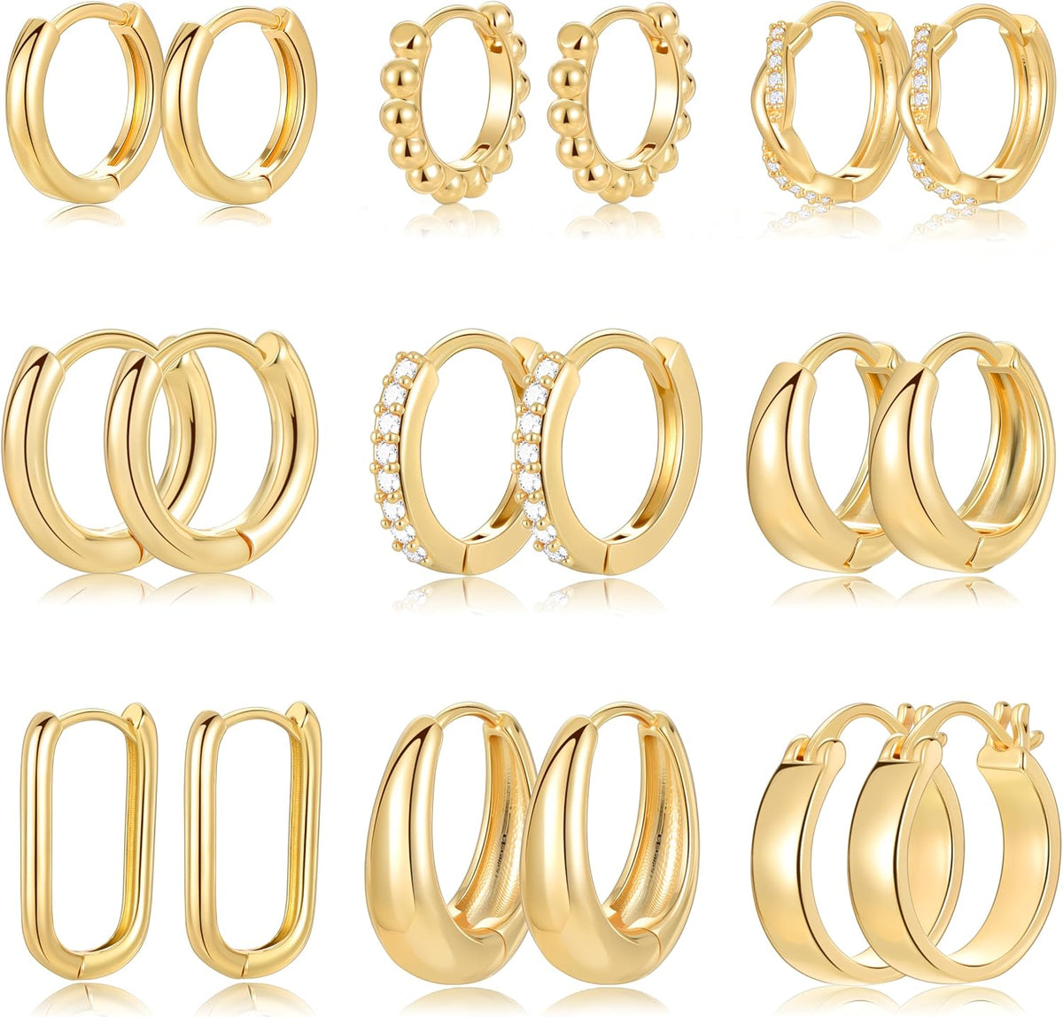 9 Pairs Small Gold/Silver Hoop Earrings Set for Women | 14K Gold Plated Chunky Hoop Small Earring Hypoallergenic Thick Open Lightweight Chunky Hoop Earrings Jewelry for Gifts