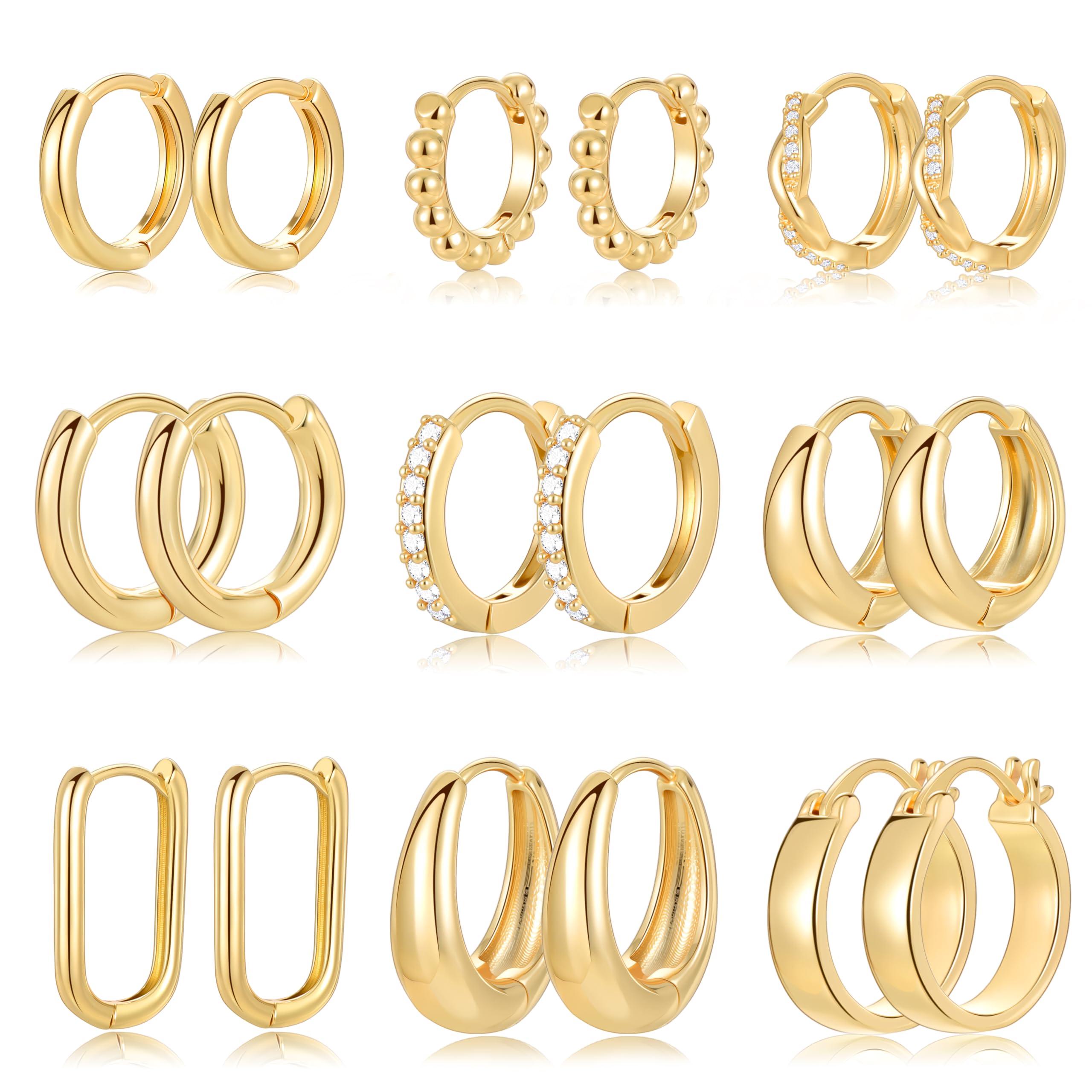 9 Pairs Small Gold/Silver Hoop Earrings Set for Women | 14K Gold Plated Chunky Hoop Small Earring Hypoallergenic Thick Open Lightweight Chunky Hoop Earrings Jewelry for Gifts