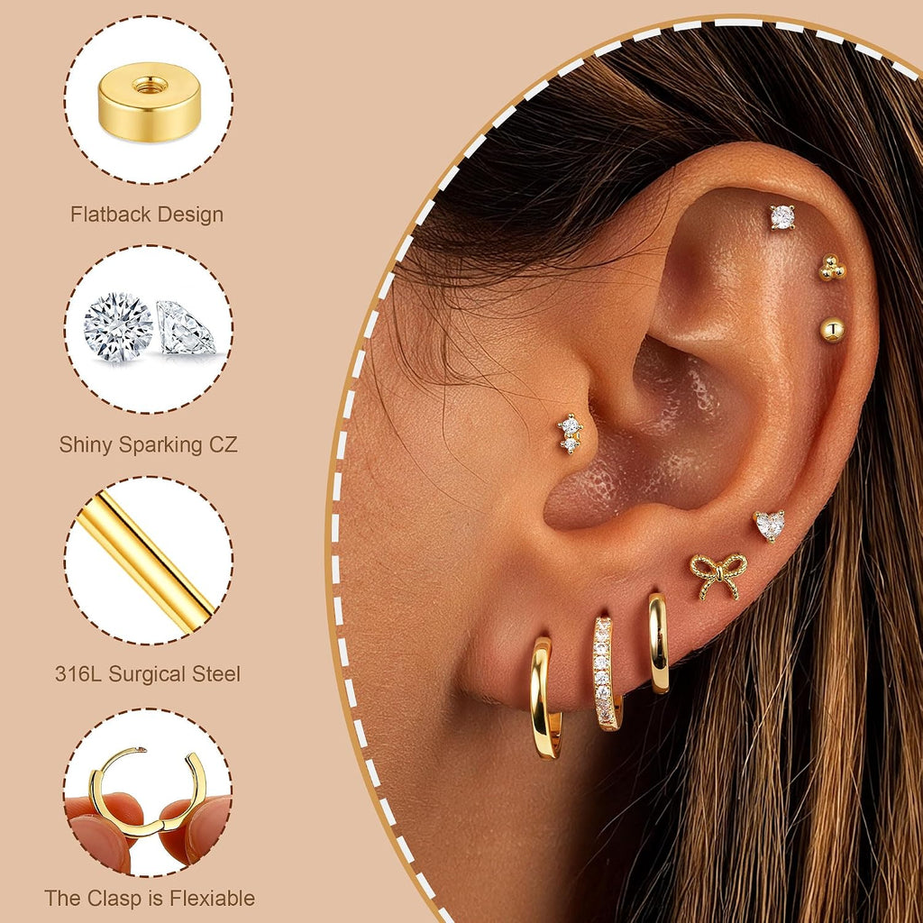 M MOOHAM 9 Pairs Flat Back Earring Stack Set for Women Teen Girls | Hypoallergenic Earrings, 14K Gold Plated Huggie Hoop Stud Earring, Small Cute Bow Cartilage Earrings, Trendy Jewelry Gifts