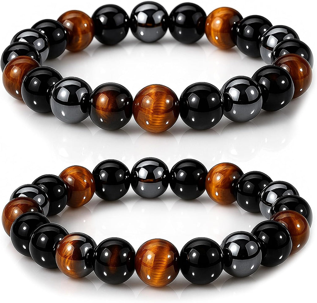 WFJ Black Obsidian Hematite Triple Protection Bracelets Set - Tiger Eye Beaded Natural Stone Bracelet for Men Women Gemstone (10MM)