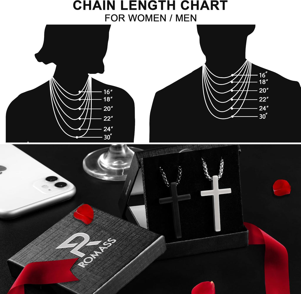 Romass 2 Pcs Cross Necklace for Men,Mens Necklace Stainless Steel Teen Boys Pendants Silver Black Gold Crosses Chain Jewelry Gifts Box 16-30 inches