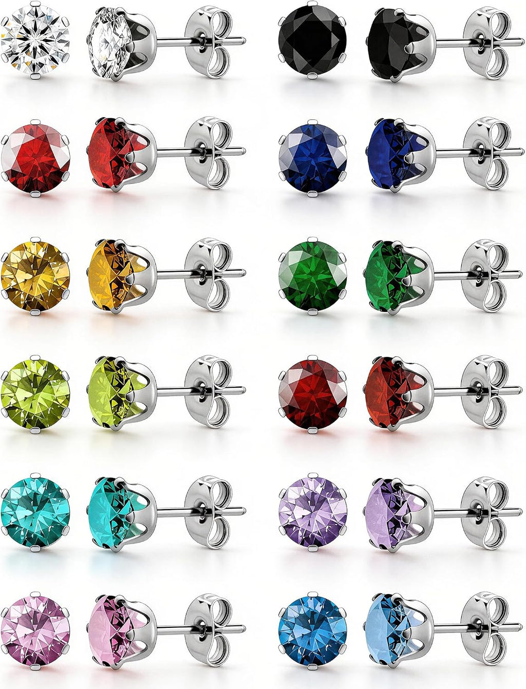 12 Pairs Silver Earrings Surgical Steel Earrings Women's Earrings Hypoallergenic Earrings Set Men's Earrings 12 Colors CubicZirconia Studs Earrings