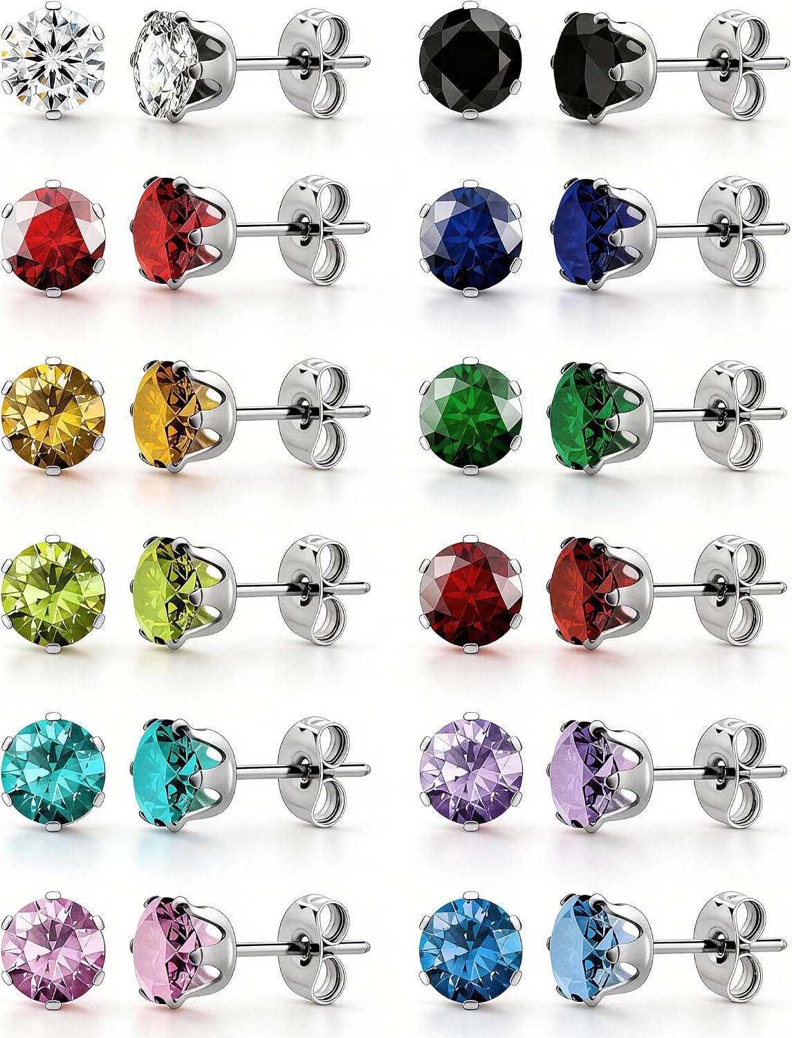 12 Pairs Silver Earrings Surgical Steel Earrings Women's Earrings Hypoallergenic Earrings Set Men's Earrings 12 Colors CubicZirconia Studs Earrings