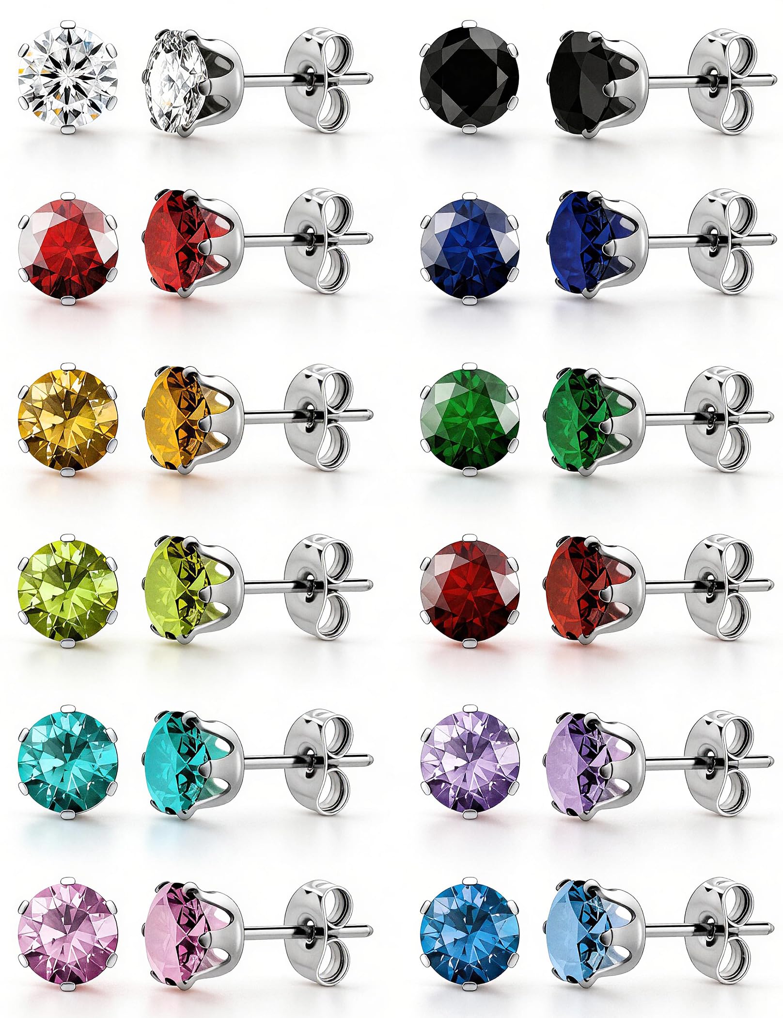 12 Pairs Silver Earrings Surgical Steel Earrings Women's Earrings Hypoallergenic Earrings Set Men's Earrings 12 Colors CubicZirconia Studs Earrings