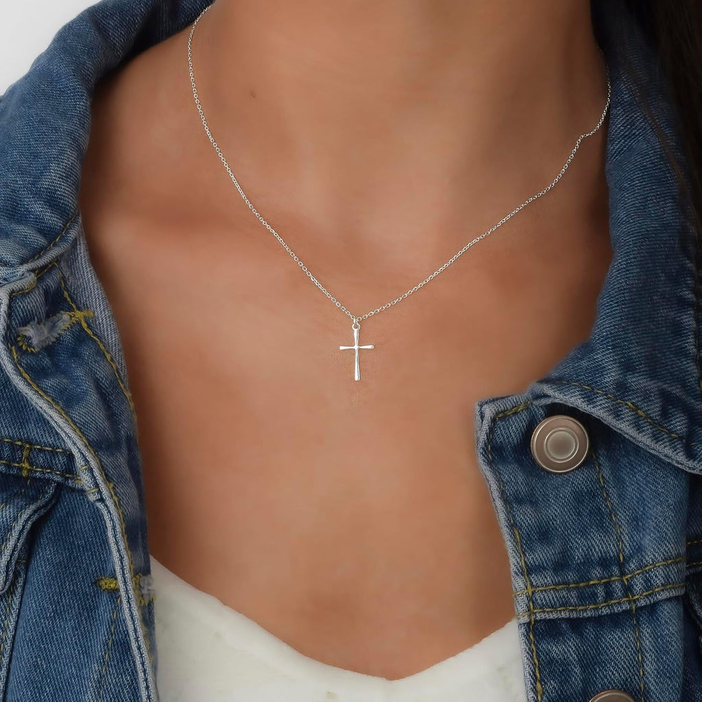 Annika Bella Cross Necklace for Women, 16-18 Inches Silver/Gold Chain, Women's Small Simple Cross Necklaces Religious Charm Jewelry, Faith Gift for Her