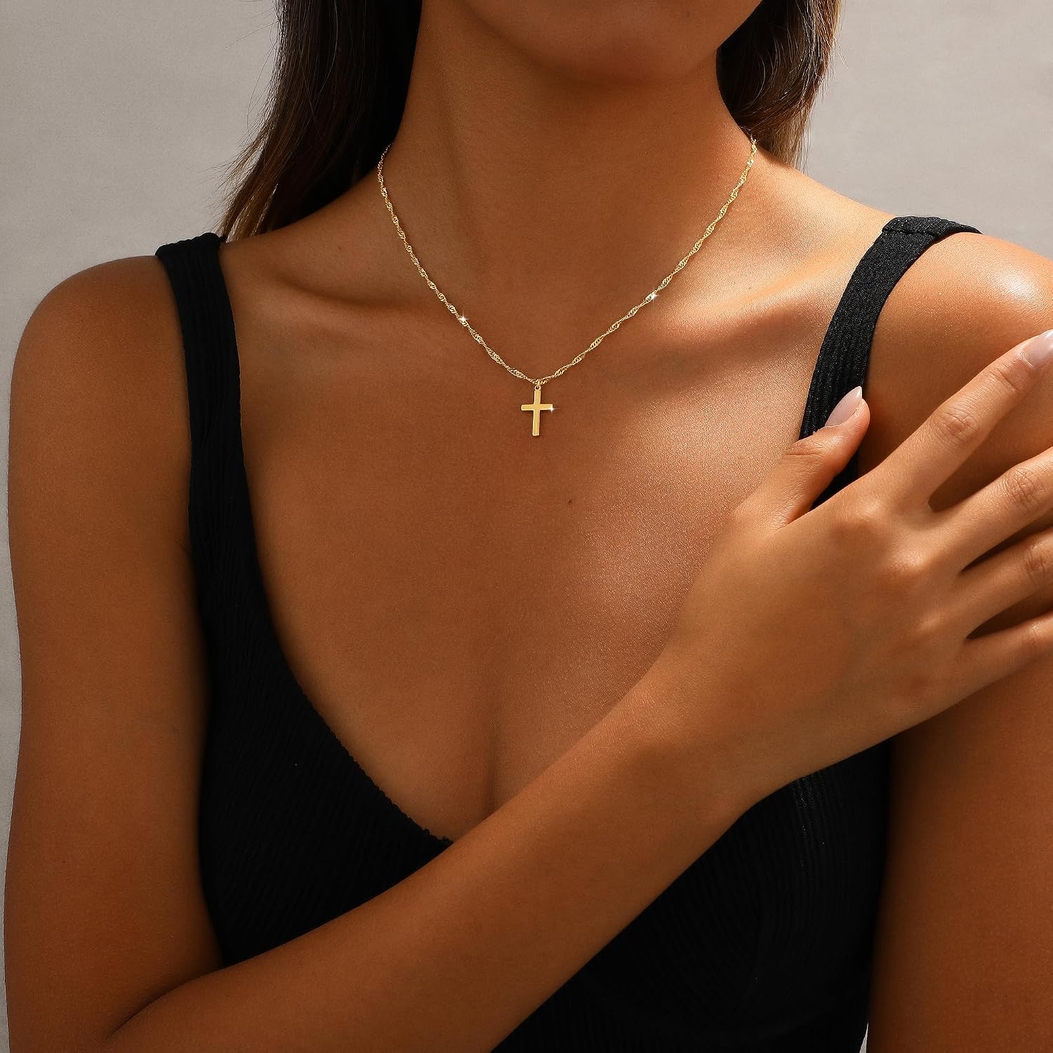 Cross Necklace for Women 14K Gold Plated Dainty Small Pendant Choker | Waterproof Simple Cross Charm, Non Tarnish Trendy Chain, Cute Basket Stuffers Baptism Religious Faith Jewelry Gift for Her