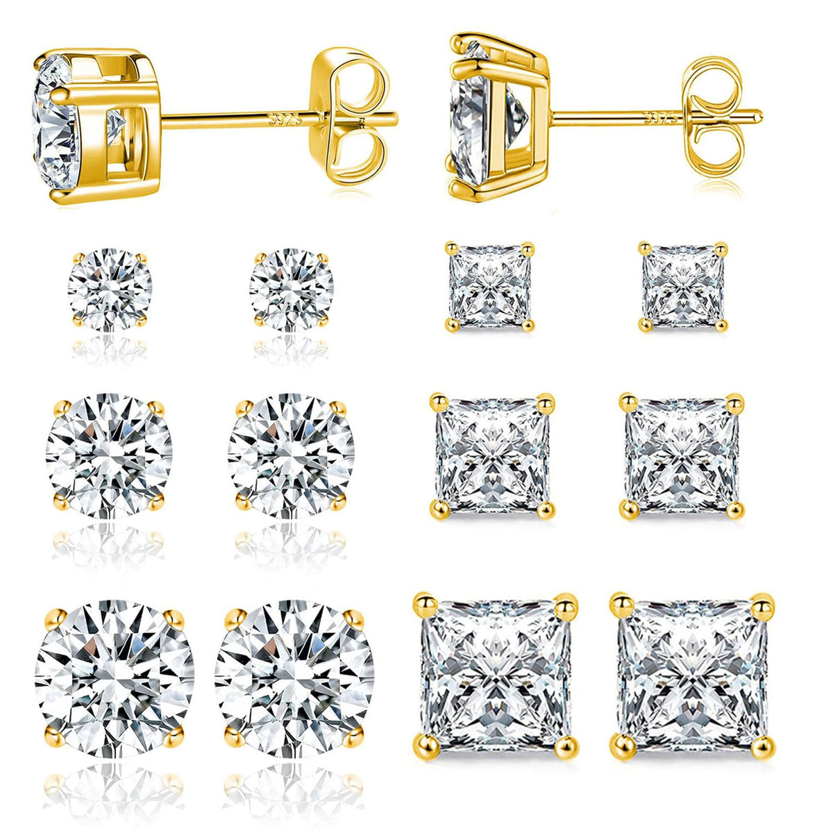 6 Pairs Stud Earrings for Men Women 316L Stainless Steel Earring | Hypoallergenic 3mm/5mm/7mm Princess & Round Cubic Zirconia Earring Set Surgical Steel CZ Ear Jewelry for Sensitive ears