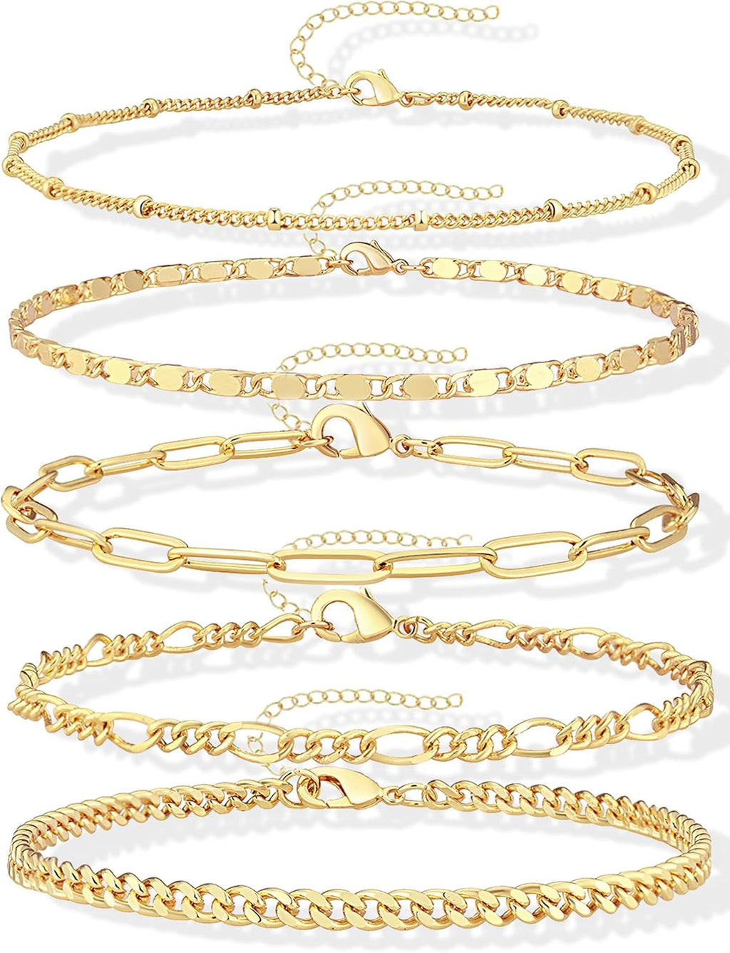 Gold Bracelets Set for Women Non Tarnish Trendy,14K Gold Plated Dainty Stackable Paperclip Cuban Link Chain Bracelets, Simple Cute Cuff Bracelets Jewelry Set Adjustable 7"+2"