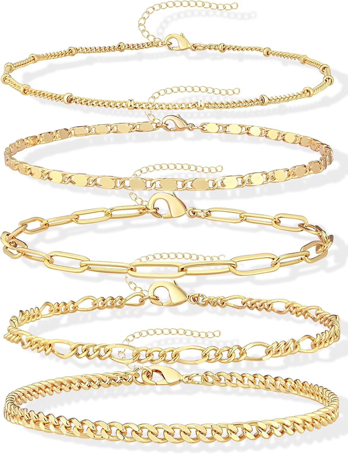 Gold Bracelets Set for Women Non Tarnish Trendy,14K Gold Plated Dainty Stackable Paperclip Cuban Link Chain Bracelets, Simple Cute Cuff Bracelets Jewelry Set Adjustable 7"+2"