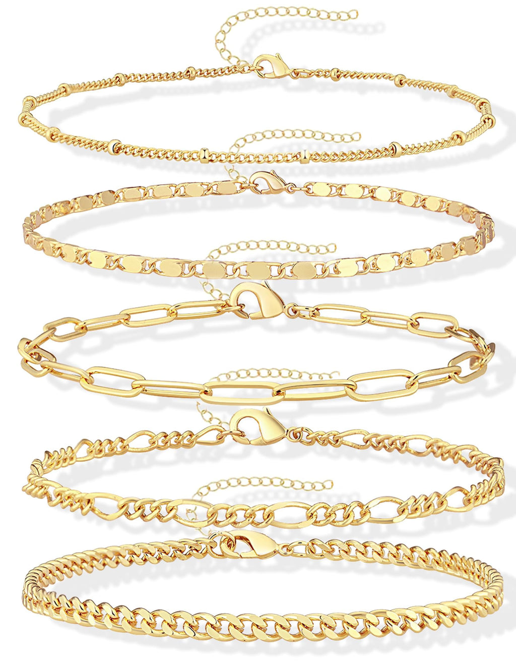 Gold Bracelets Set for Women Non Tarnish Trendy,14K Gold Plated Dainty Stackable Paperclip Cuban Link Chain Bracelets, Simple Cute Cuff Bracelets Jewelry Set Adjustable 7"+2"