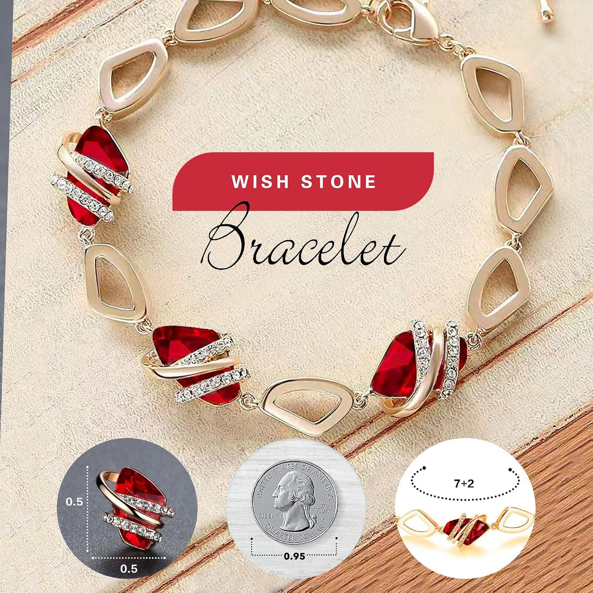 Gift for Women Wish Stone Link Charm Bracelet with Birthstone Crystals, 18K Rose Gold Plated and Silvertone, 7"+2"