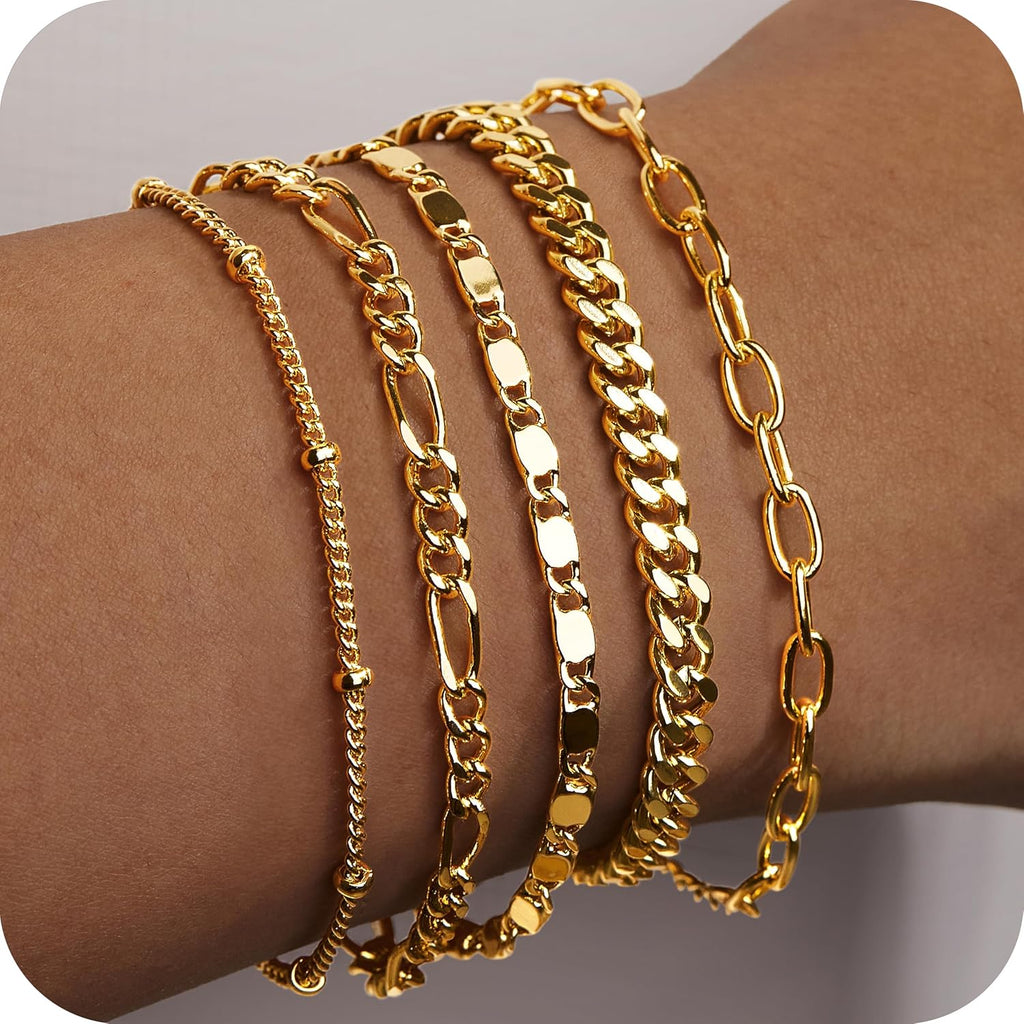 Gold Bracelets Set for Women Non Tarnish Trendy,14K Gold Plated Dainty Stackable Paperclip Cuban Link Chain Bracelets, Simple Cute Cuff Bracelets Jewelry Set Adjustable 7"+2"