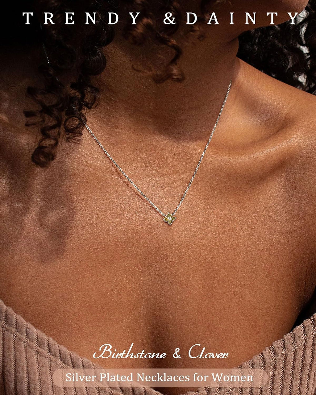 ZHESHY Birthstone Silver Necklaces for Women Dainty Diamond Clover Necklace | Simple Non Tarnish Cubic Zirconia Pendant Necklaces Women Silver Trendy Jewelry Bridesmaid Birthday Gifts
