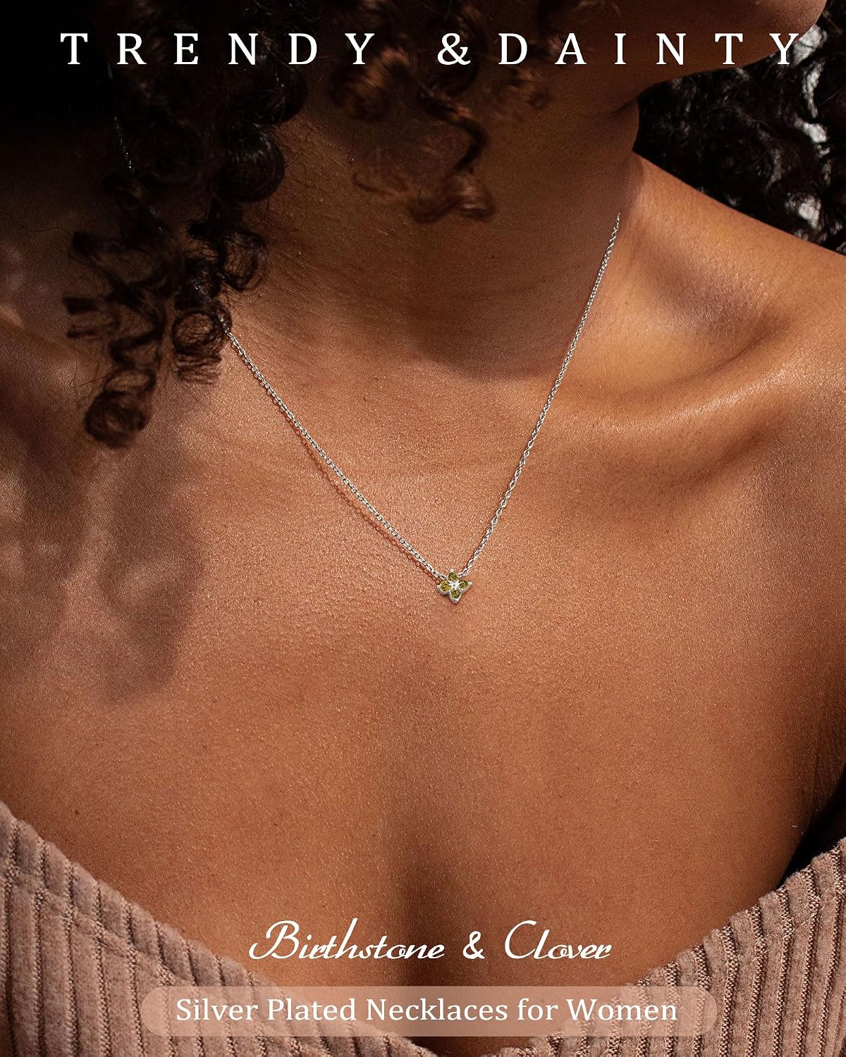 ZHESHY Birthstone Silver Necklaces for Women Dainty Diamond Clover Necklace | Simple Non Tarnish Cubic Zirconia Pendant Necklaces Women Silver Trendy Jewelry Bridesmaid Birthday Gifts