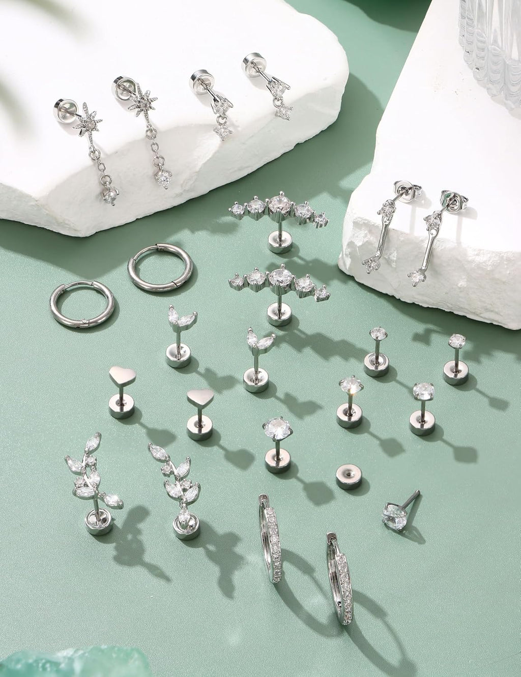 LOLIAS Hypoallergenic Flat Back Earrings-Cartilage Earring Stacks-Surgical Steel Earrings for Sensitive Ears - Small Stainless Steel Flatback Stud Hoop Earring Sets for Helix Tragus Conch Daith Multiple Piercing Jewelry Trendy