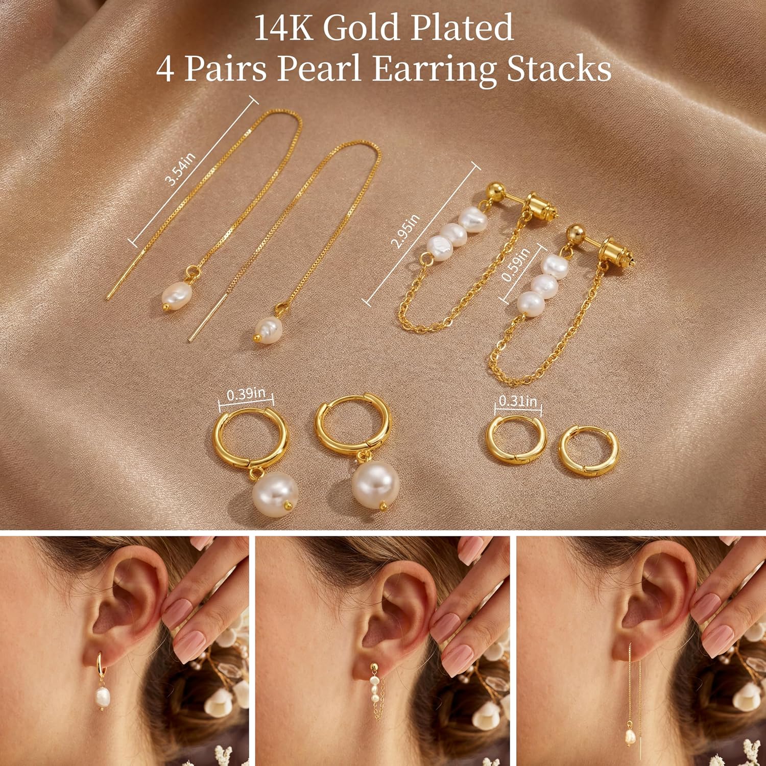 Moodear Gold Earrings for Women, 14K Plated Pearl Huggie Hoop Drop Jewelry | Hypoallergenic Lightweight Pearl Hoop Earrings Designed for Multiple Piercings, Cartilage Styling with Everyday Wear