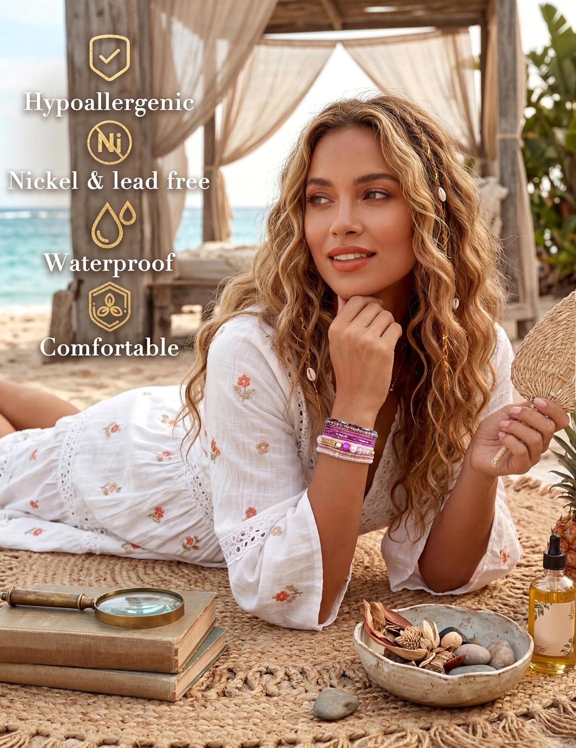 6 Sets Bohemian Stackable Bead Bracelets for Women Stretch Bohemian Style Stretch Multilayered Boho Bracelet Set