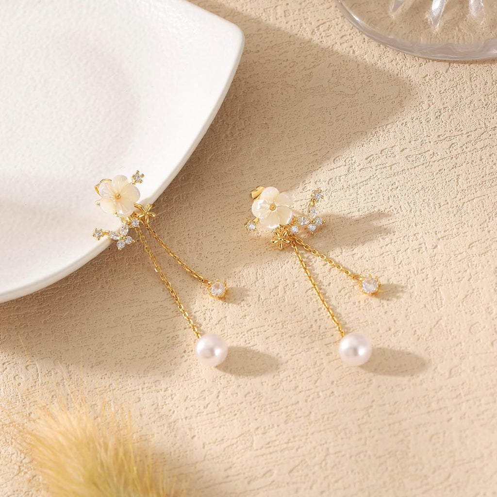 Dangle Pearl Drop Gold Earrings for Women Flower Wedding Jewelry | Dangling for Brides, Prom, Long Threader Chain, Trendy, Dainty, Sparkly CZ, Gifts for Women