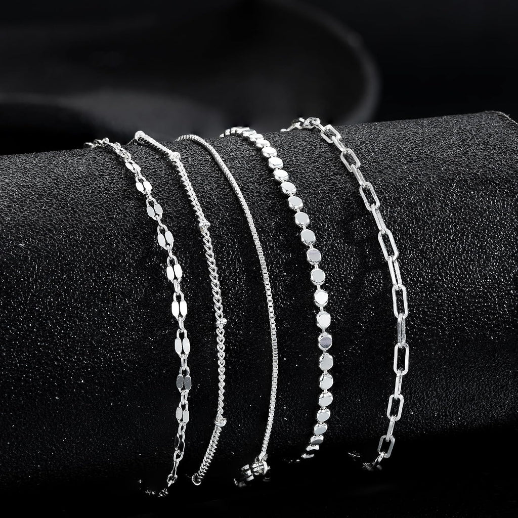 MBW Sterling Silver Simple Thin Bracelets for Women Trendy | Dainty S925 Silver Bracelets for Women Chain Bracelet Stack Set Waterproof Jewelry Minimalist Small Bracelet for Women Gift
