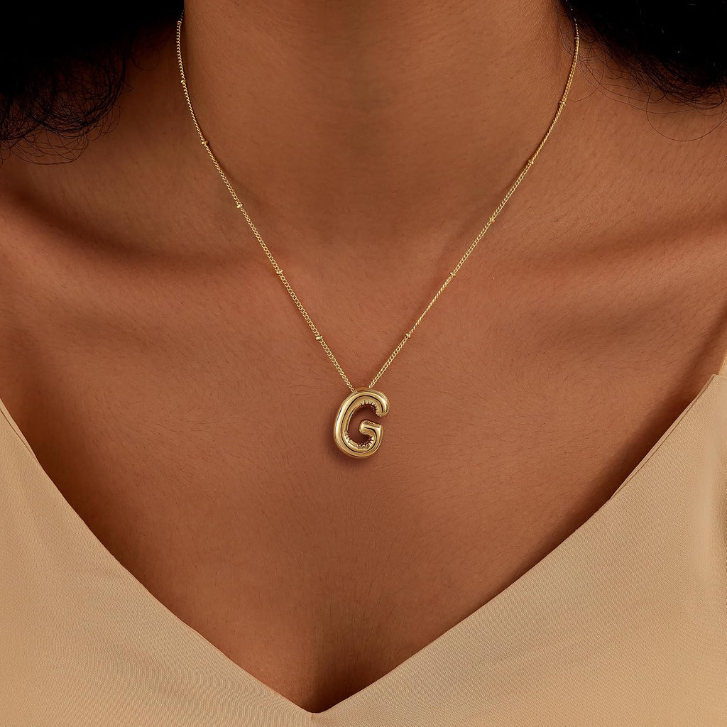 Inerney Gold Bubble Letter Necklace Initial Necklaces for Women, Chunky 14K Plated Balloon Initials, Trendy Charm Non Tarnish Custom Name Pendant Jewelry Gifts for Mom
