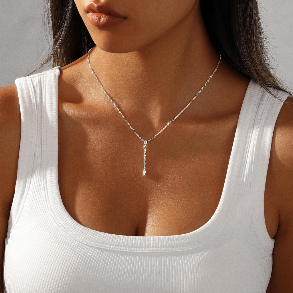 Silver Necklace for Women Dainty Long Y Lariat CZ Leaf Drop Jewelry | Silver Plated Y-Shaped Chain, Cubic Zirconia Leaf Pendant, Trendy Simple Prom Wedding Summer Jewelry Gifts