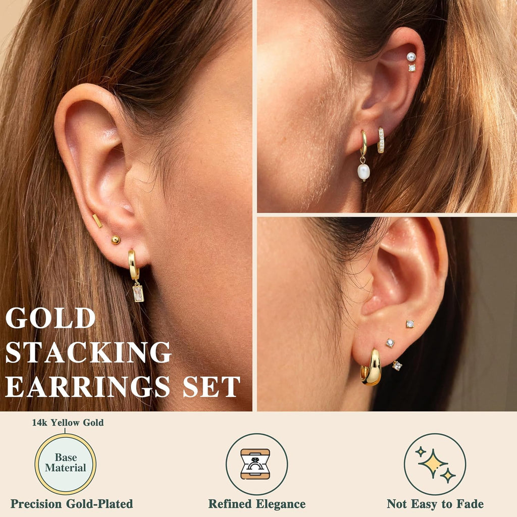 BESTEEL 13 Pairs Small Stud Hoop Earrings Set for Women, Gold Earrings Pack | Hypoallergenic Surgical Steel, 14K Gold Plated, Dainty Huggie Hoops Pearl Dangle Earrings, Lightweight Non Tarnish Jewelry