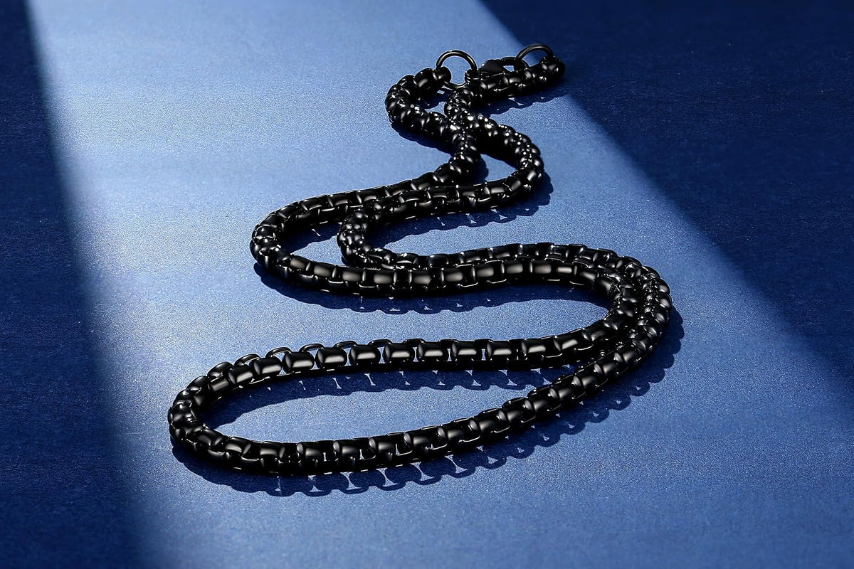 FOSIR Mens Womens Stainless Steel Black Rolo Cable Chain Necklace, Round Box Chains for Men, 2/3/4/5mm Width