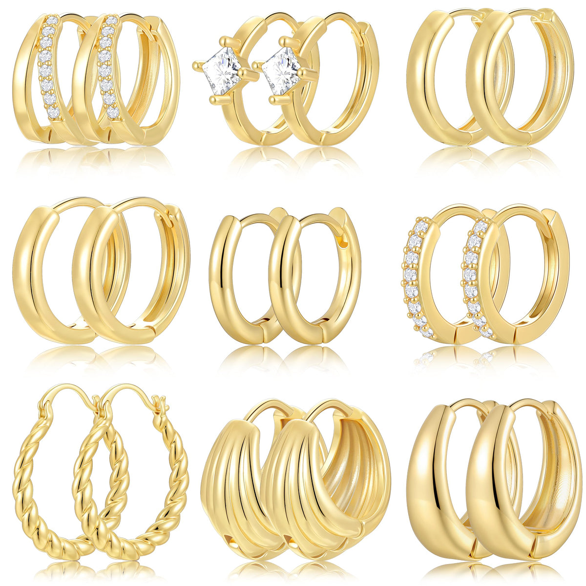 9 Pairs Small Gold/Silver Hoop Earrings Set for Women | 14K Gold Plated Chunky Hoop Small Earring Hypoallergenic Thick Open Lightweight Chunky Hoop Earrings Jewelry for Gifts
