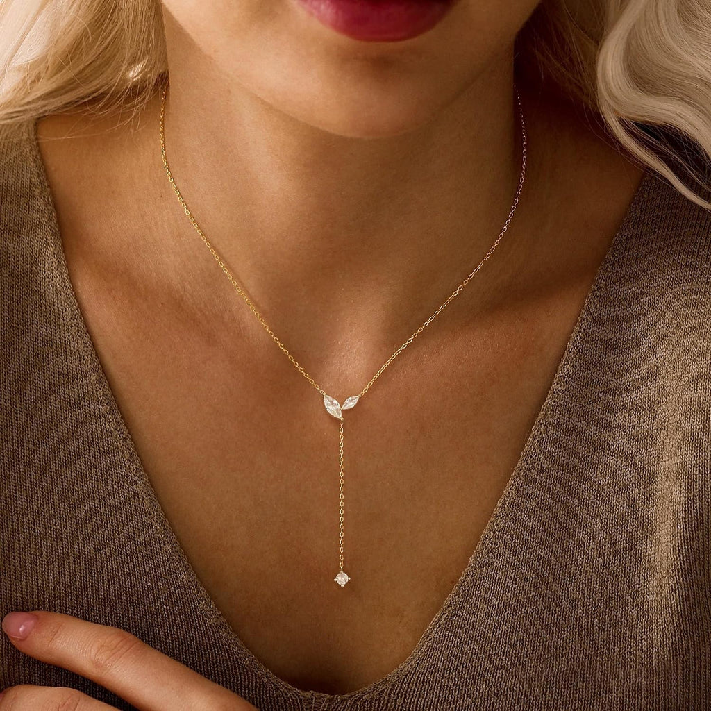Long Necklaces for Women Trendy, 14K Gold Plated CZ Drop Necklace | Dainty Gold Necklace, Simple CZ Y Shaped Lariat Necklace, Statement Western Necklace, Non Tarnish Gold Jewelry Gifts