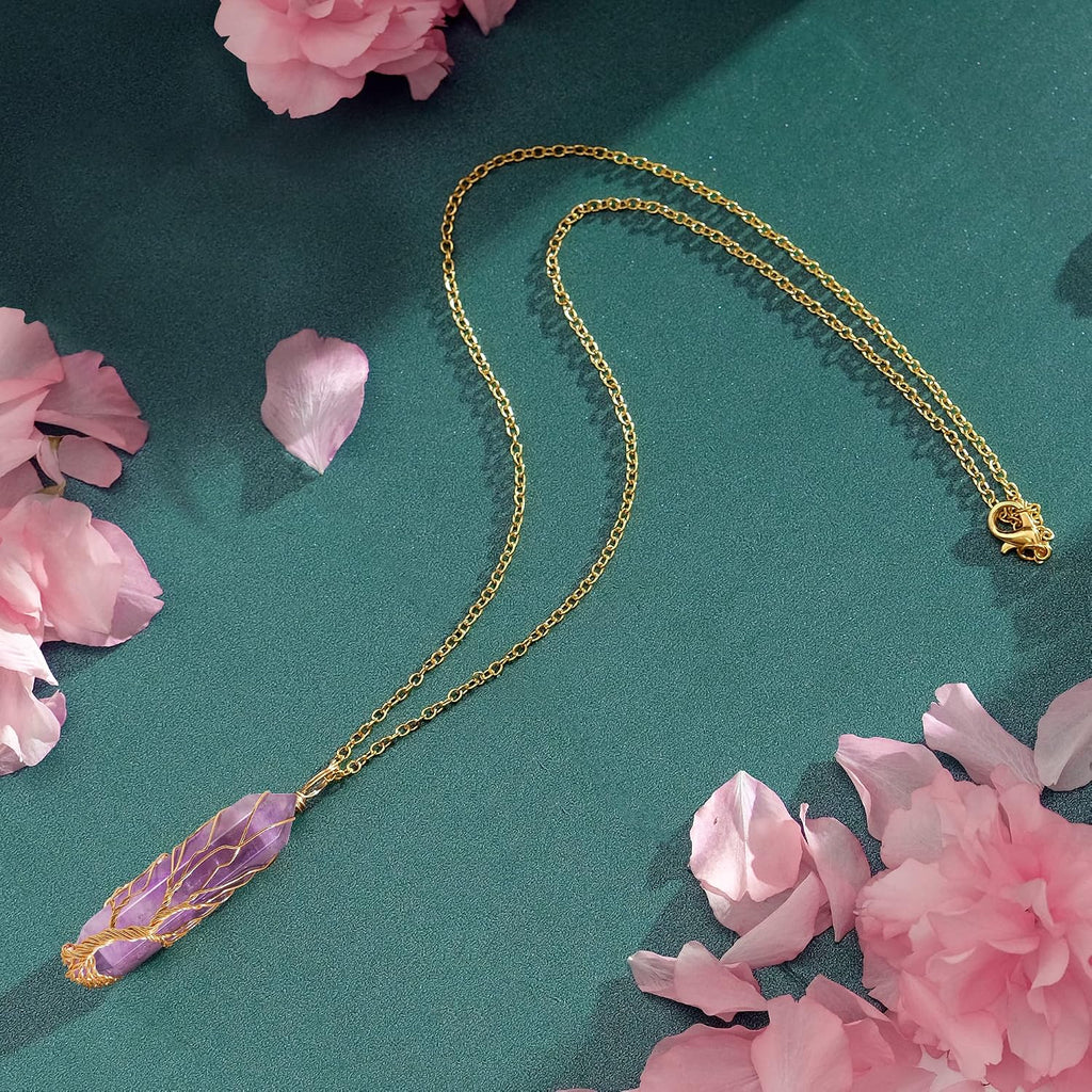 VIBILIA Healing Crystal Tree of Life Necklace Gemstone Jewelry | Wire Wrapped Natural Stone Point Pendant Necklace Hexagonal Reiki Spiritual Quartz Jewelry for Women Men