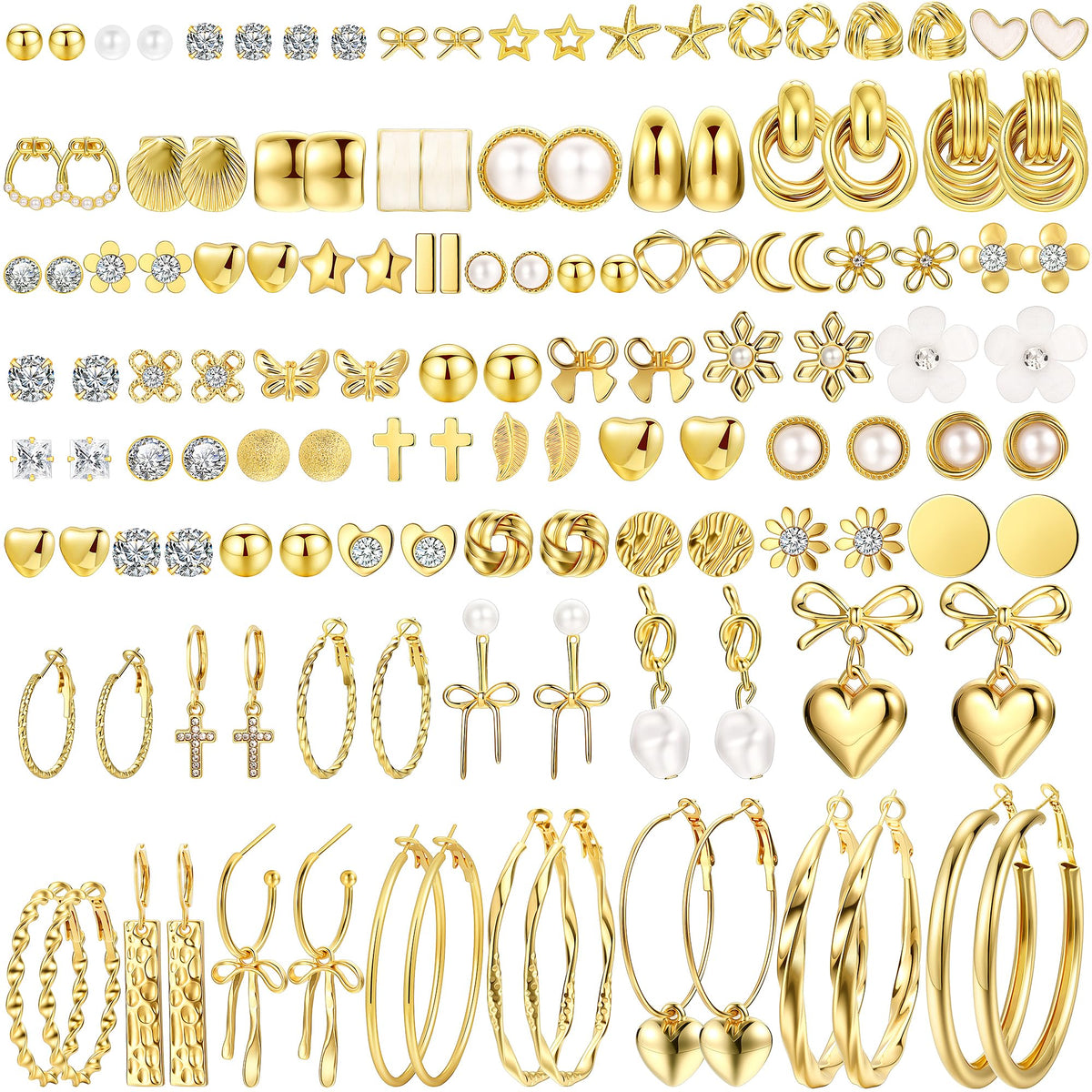 75 Pairs Gold Stud Earrings Set for Women, Trendy Hypoallergenic Pearl Cubic Zirconia Multiple Piercings Earrings Packs, Stud Hoops Earrings for Gift Jewelry