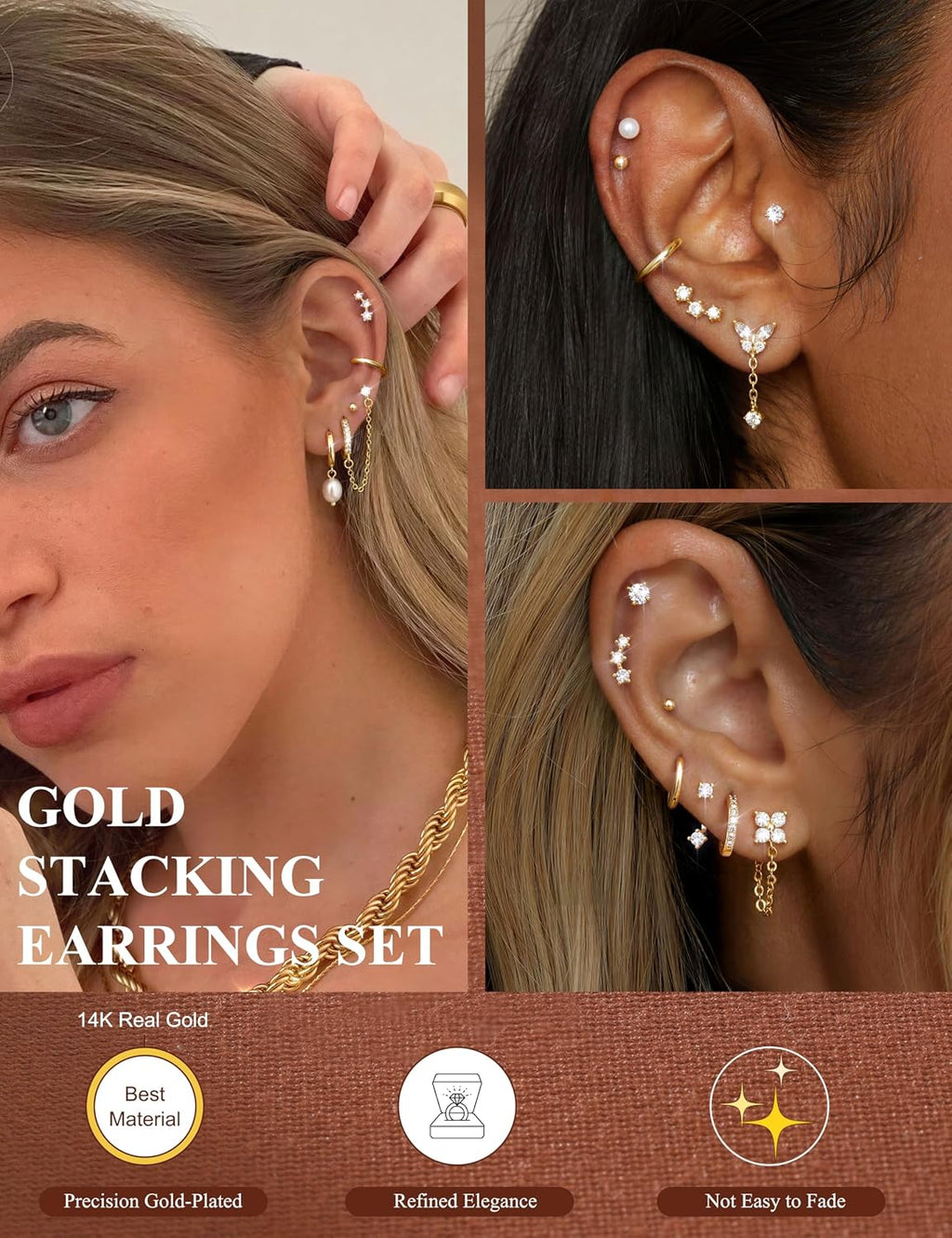 LOLIAS Hypoallergenic Flat Back Earrings Set for Women-Surgical Stainless Steel Earrings for Sensitive Ears-14K Gold Plated Chain Cartilage Earring Stacks Flatback Stud Hoop Earring Sets for Multiple Piercing Jewelry