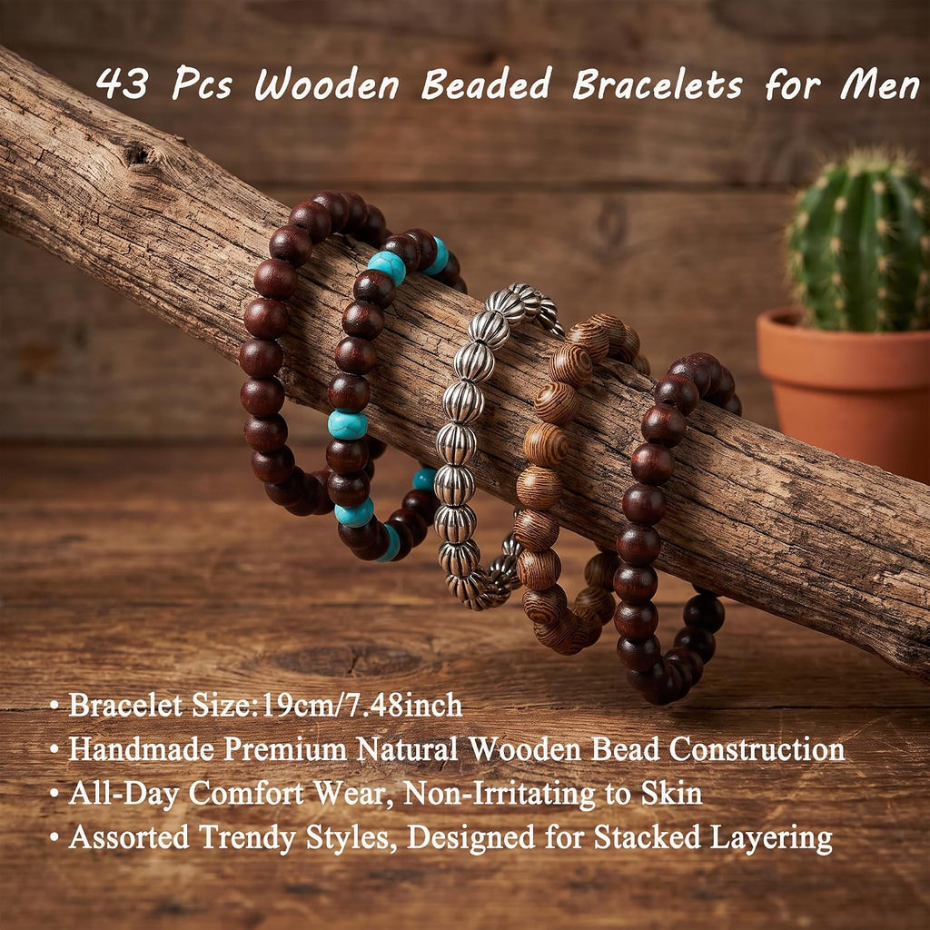 SONNYX 43Pcs Punk Wooden Beads Bracelets Gothic Bracelet for Men Adjustable Vintage Beaded Bracelet Metal Set Wood Bangles Wristbands Commemorative Gift