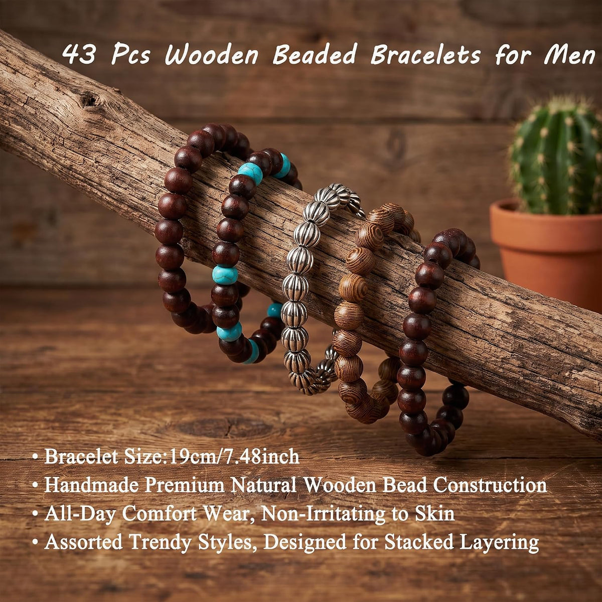 SONNYX 43Pcs Punk Wooden Beads Bracelets Gothic Bracelet for Men Adjustable Vintage Beaded Bracelet Metal Set Wood Bangles Wristbands Commemorative Gift