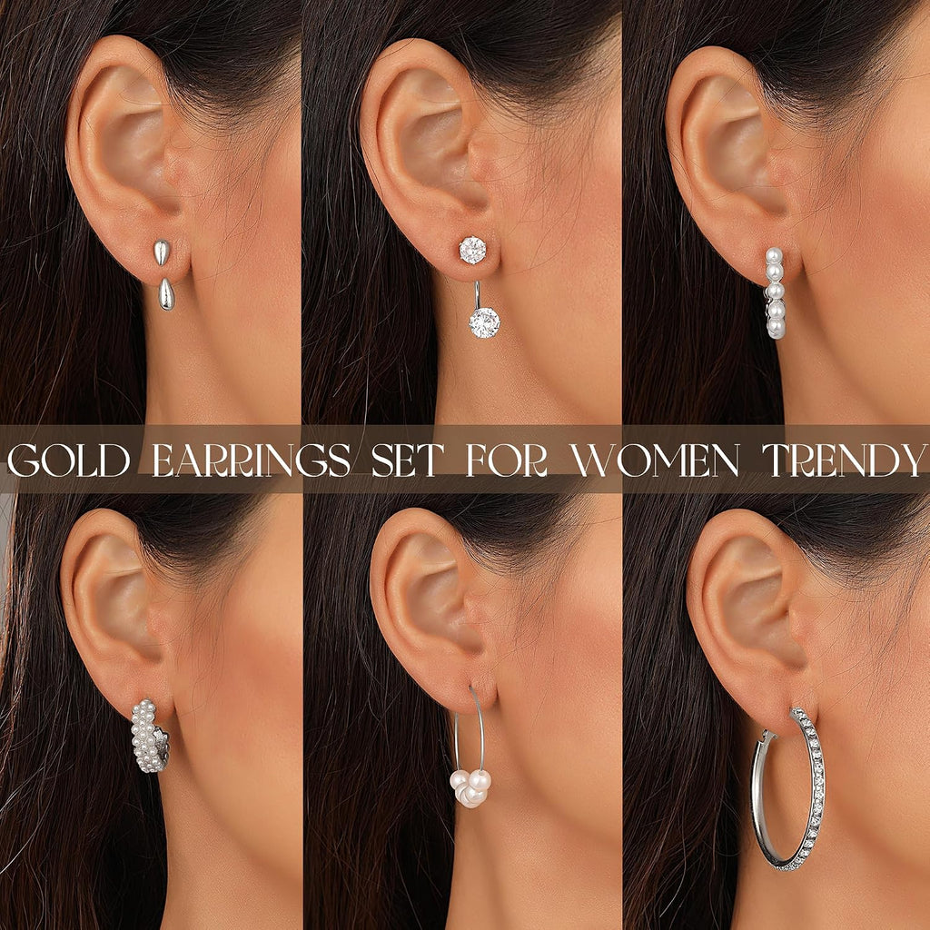 84 Pairs Gold Stud Earrings Set for Women Multipack, Fashion Pearl Cubic Zirconia Butterfly Earrings Packs Piercings, Hypoallergenic Stud Hoops Earrings for Gift