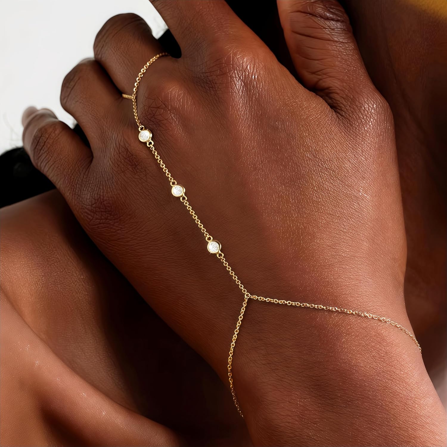3PCS 14K Gold-Plated Hand Chain Bracelets for Women, Stack Bracelets Set Adjustable, Trendy Dainty Ring Bracelet Hand Chain