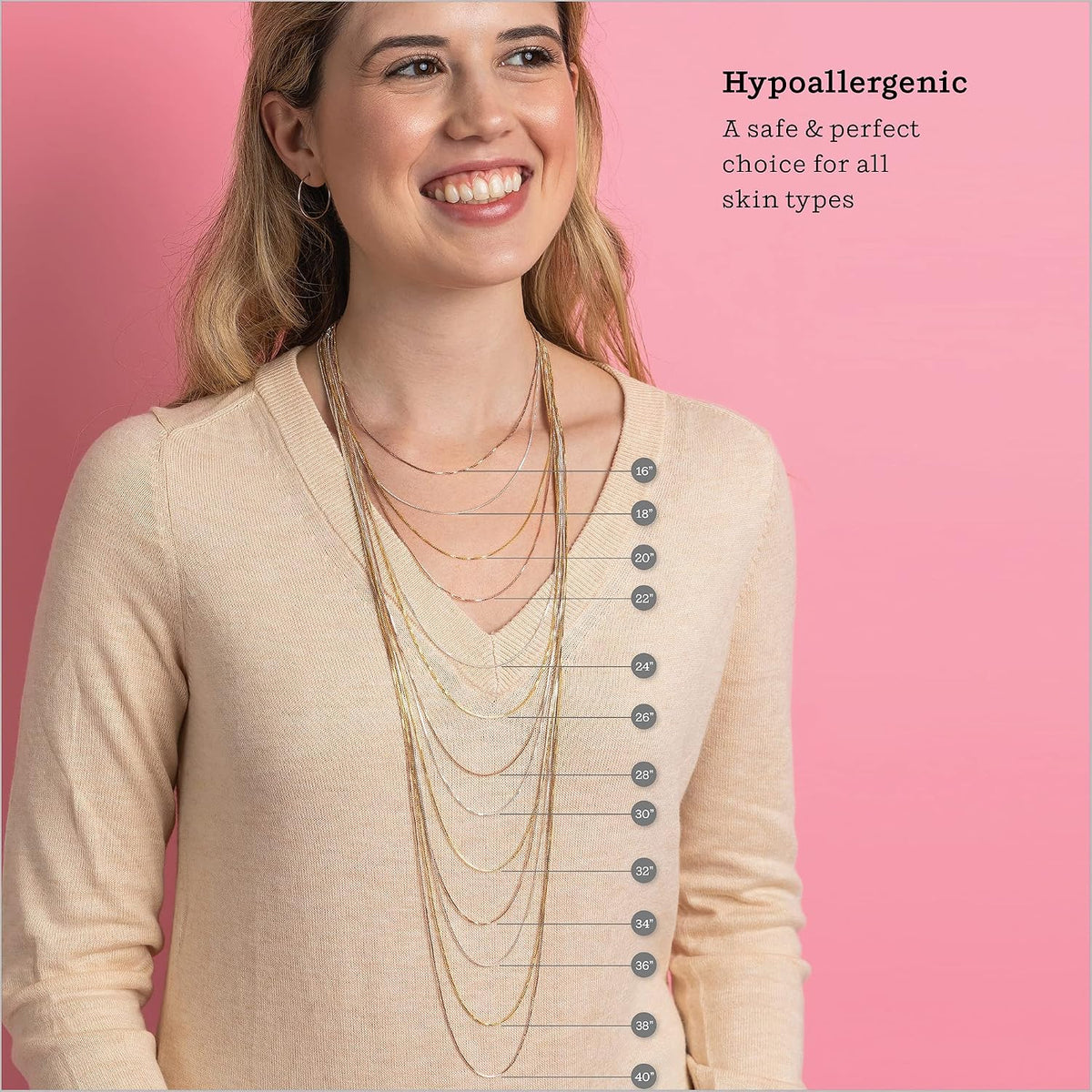 KEZEF Dainty Box Chain Necklace for Women, Gold or Silver, 15-40 Inch | 1mm tarnish-resistant chain in 925 sterling silver, 18K gold or rose gold plated. Nickel-free. Holds pendants securely.