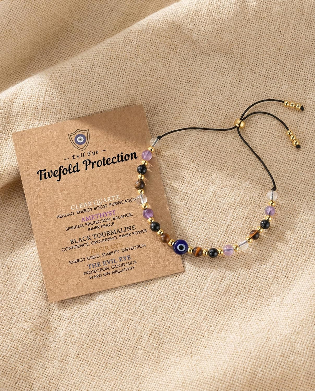 HGDEER Evil Eye Bracelets, Crystal Lucky Protection Gifts for Women Girls | Amethyst Clear Quartz Black Tourmaline & Tiger Eye 4mm Beads, Mal de Ojo Good Luck Charm, Adjustable String Fits 10.2 in